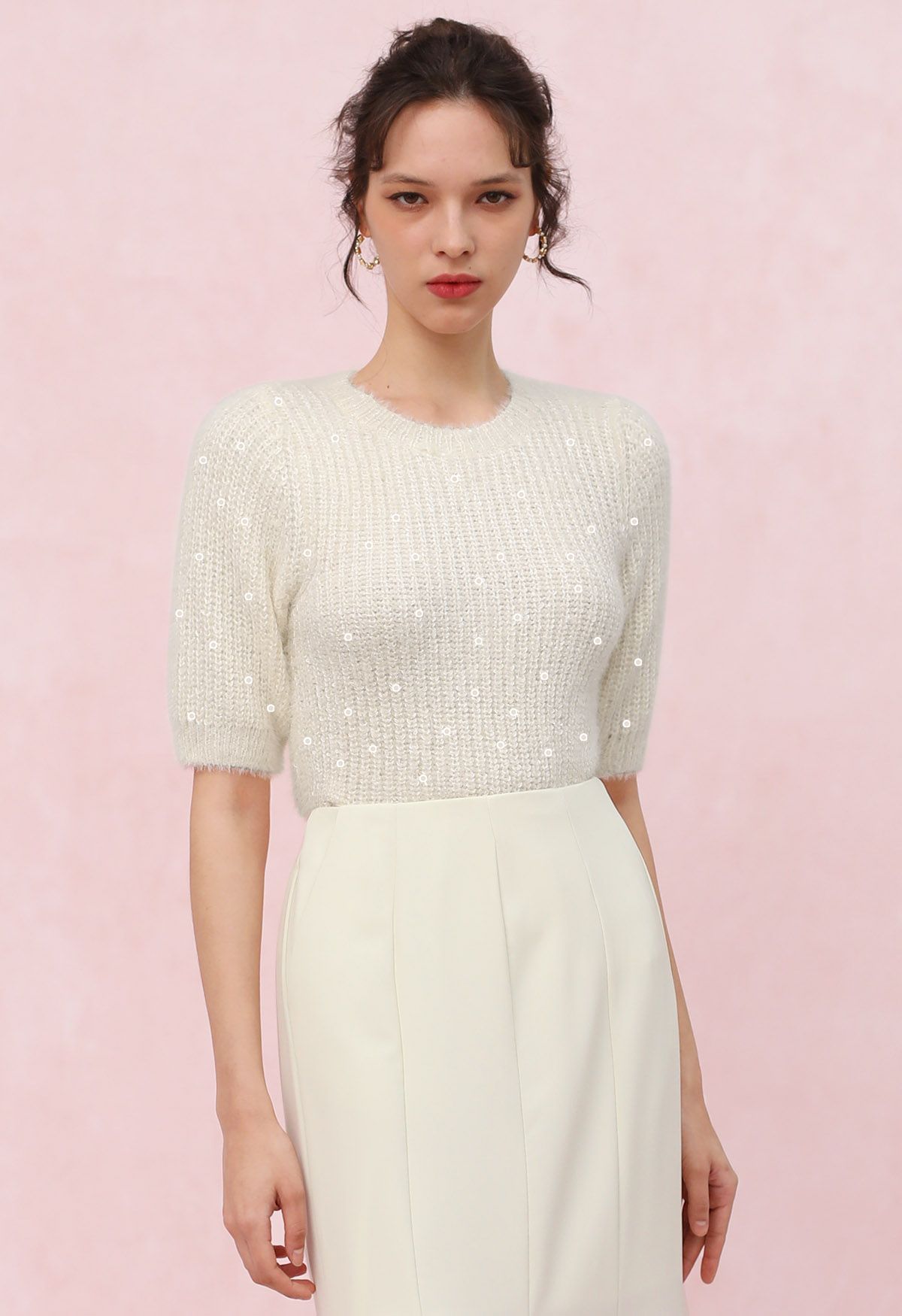 Sequin Fuzzy Short Sleeve Sweater in Cream