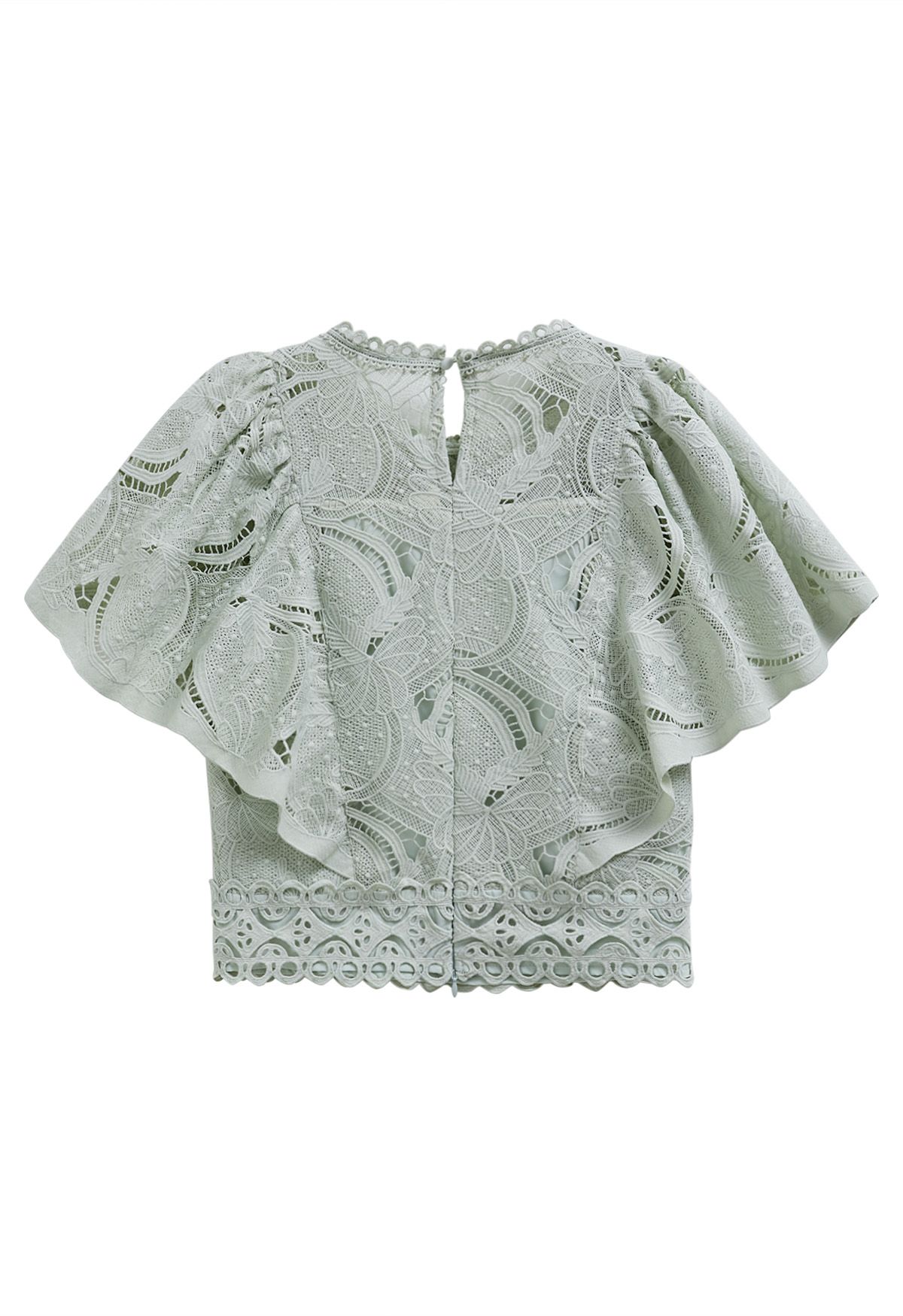 Leaves Cutwork Lace Flutter Sleeve Top in Pea Green