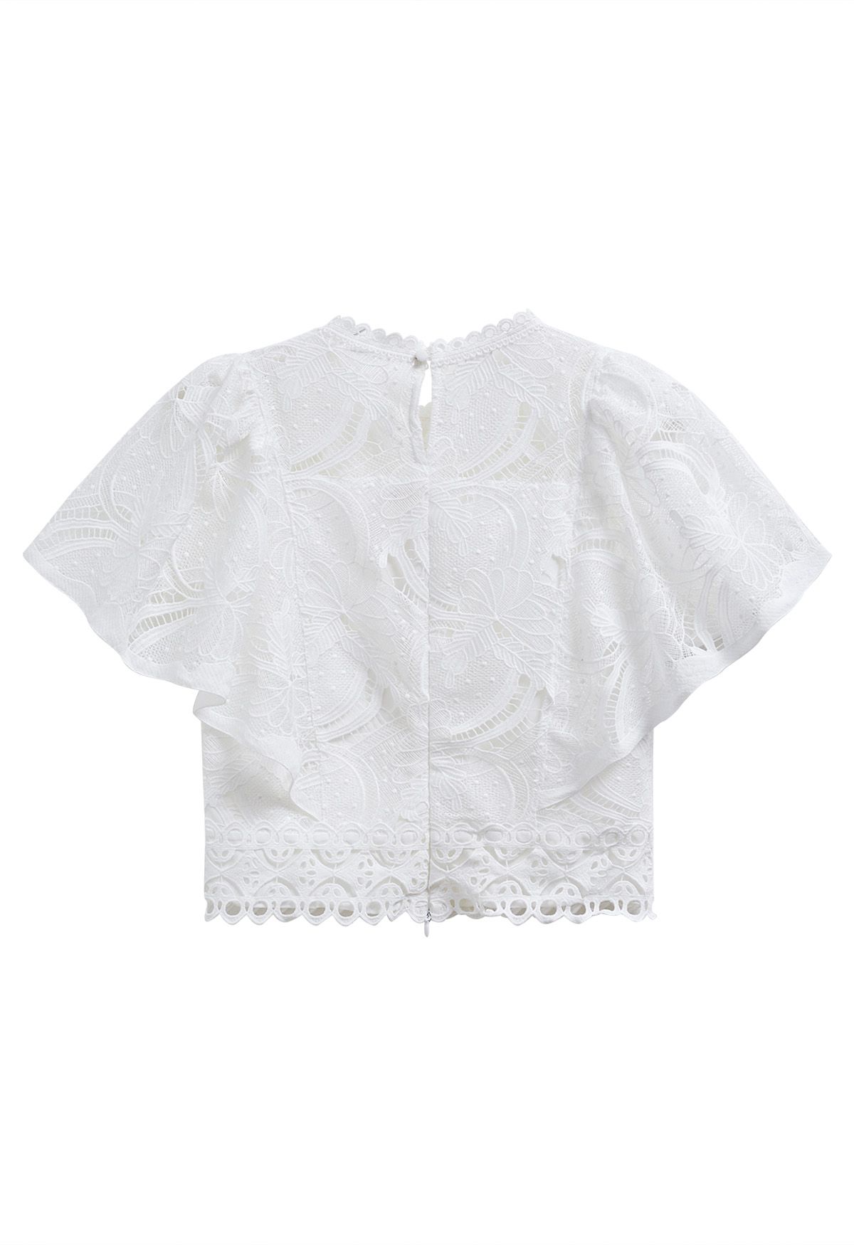 Leaves Cutwork Lace Flutter Sleeve Top in White