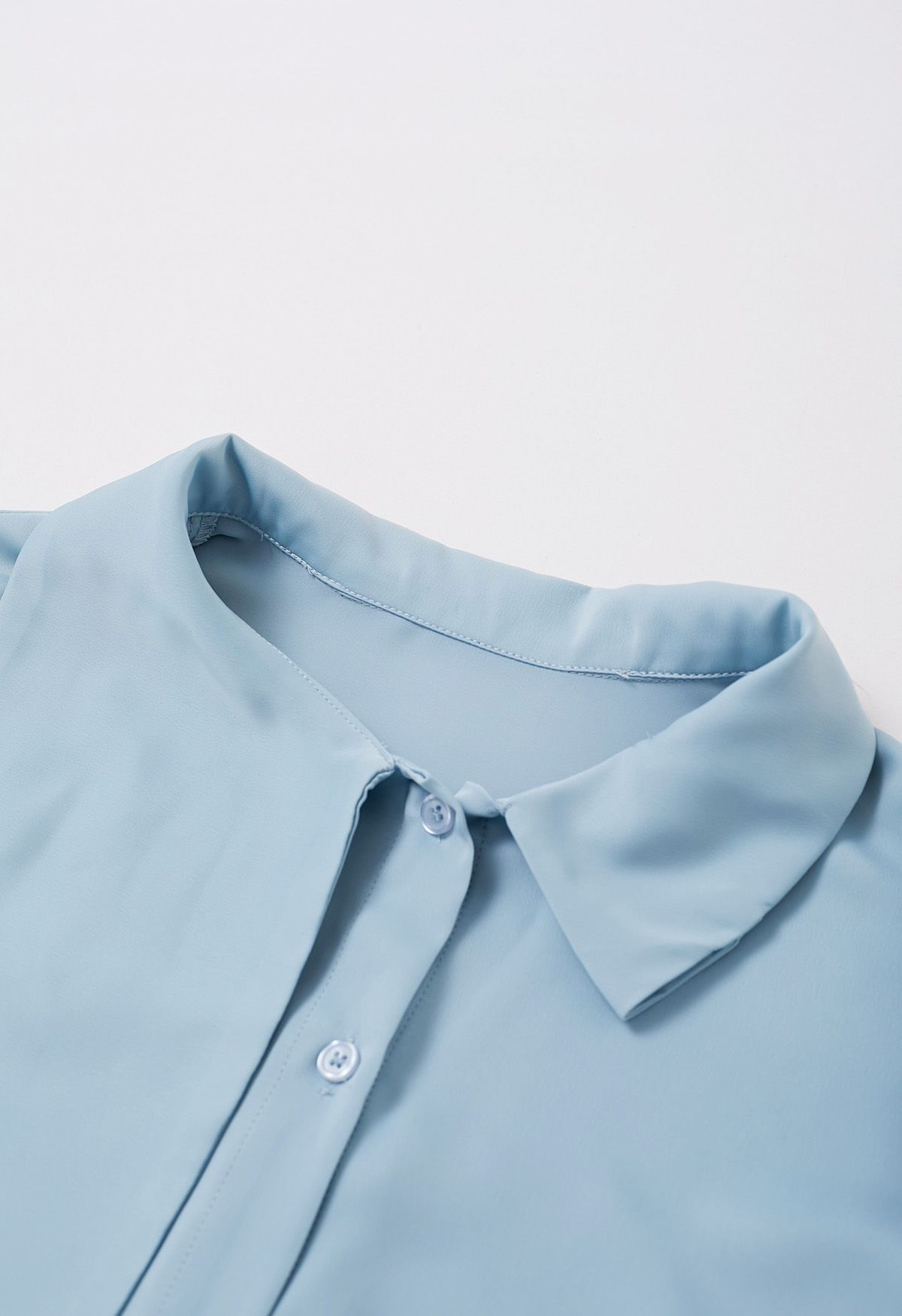 Tie-Neck Button Down Satin Shirt in Blue