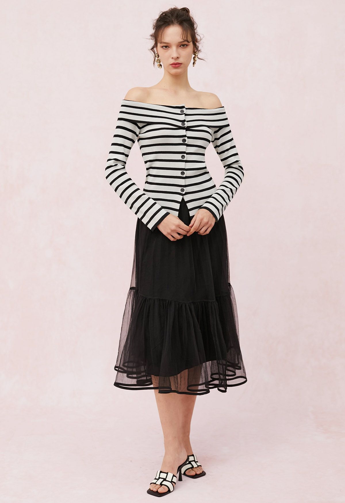 Off-Shoulder Button Down Striped Knit Top in Black