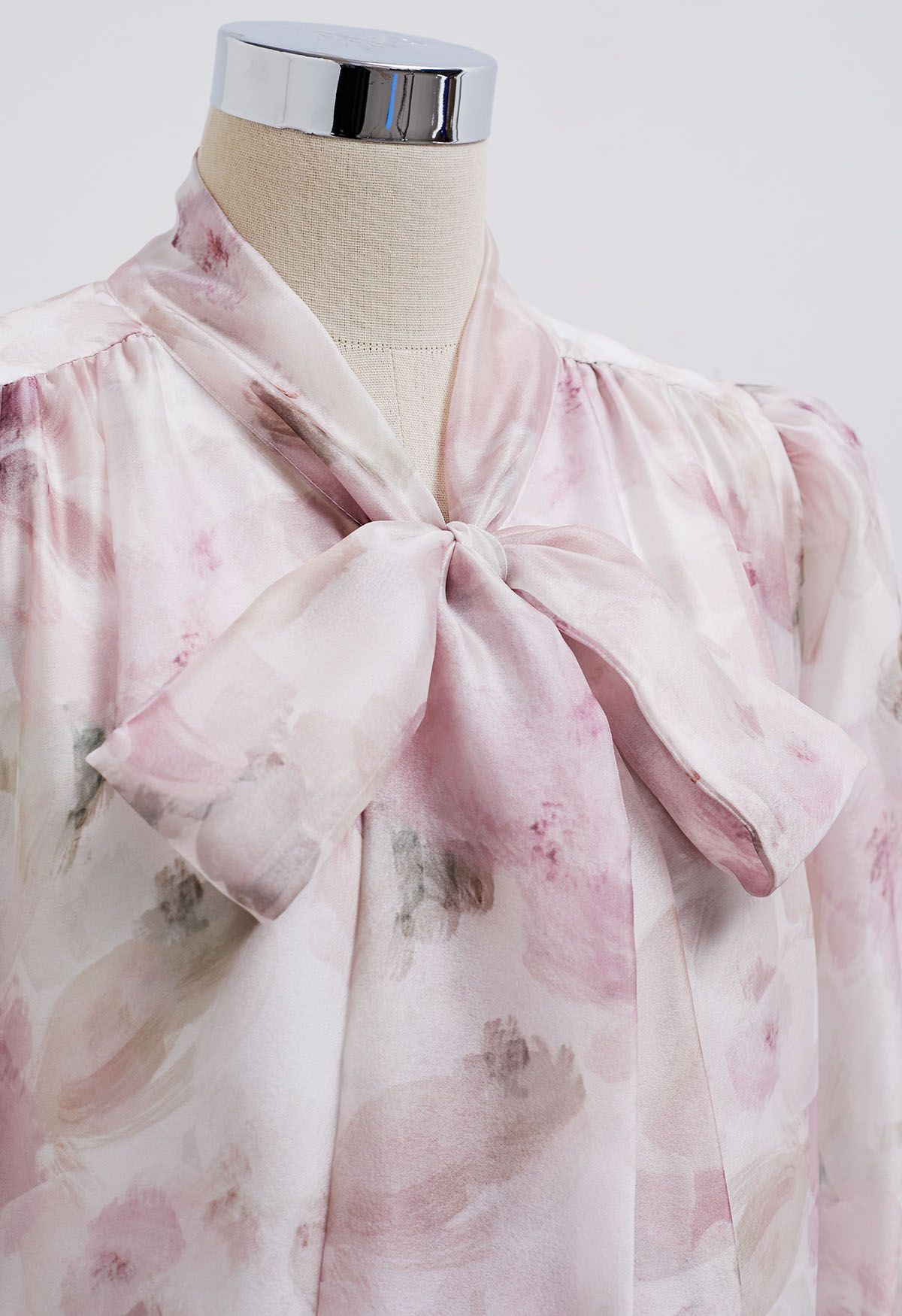 Bowknot Neck Watercolor Floral Sheer Shirt in Pink