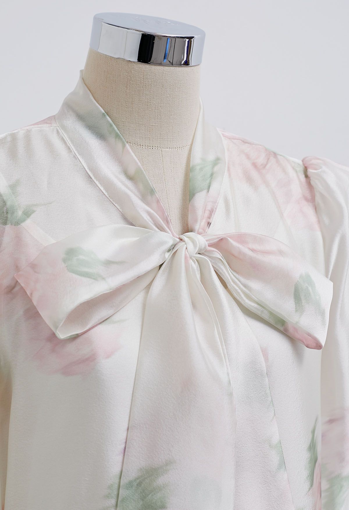 Enthralling Watercolor Floral Bowknot Sheer Shirt in Cream