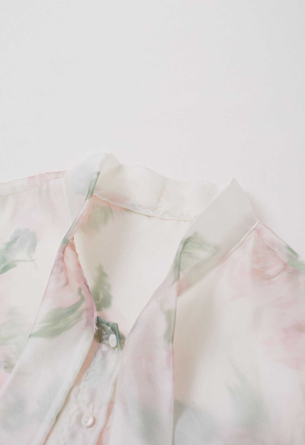 Enthralling Watercolor Floral Bowknot Sheer Shirt in Cream