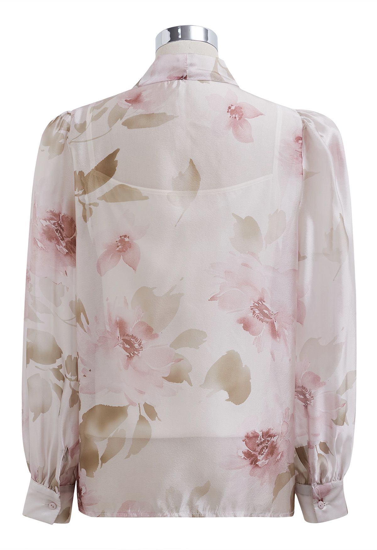 Enthralling Watercolor Floral Bowknot Sheer Shirt in Pink