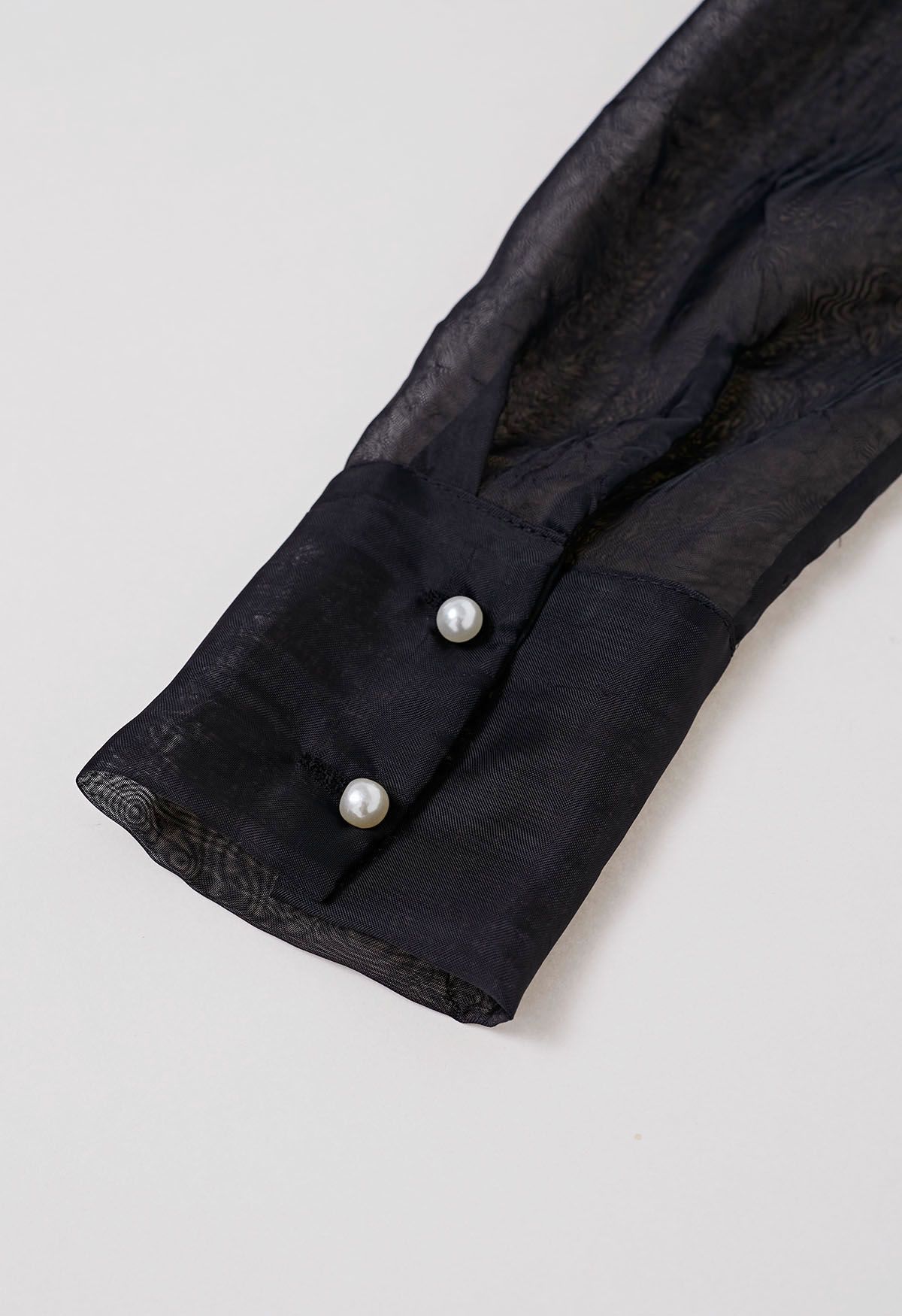 Rose Brooch Puff Sleeve Texture Sheer Top in Black