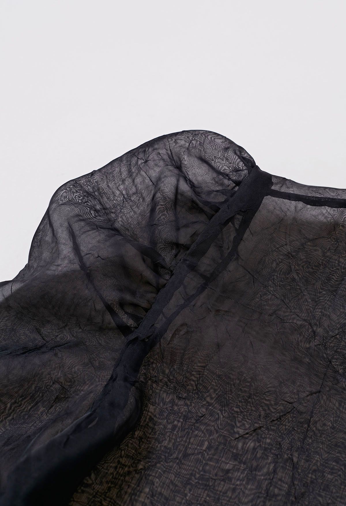 Rose Brooch Puff Sleeve Texture Sheer Top in Black