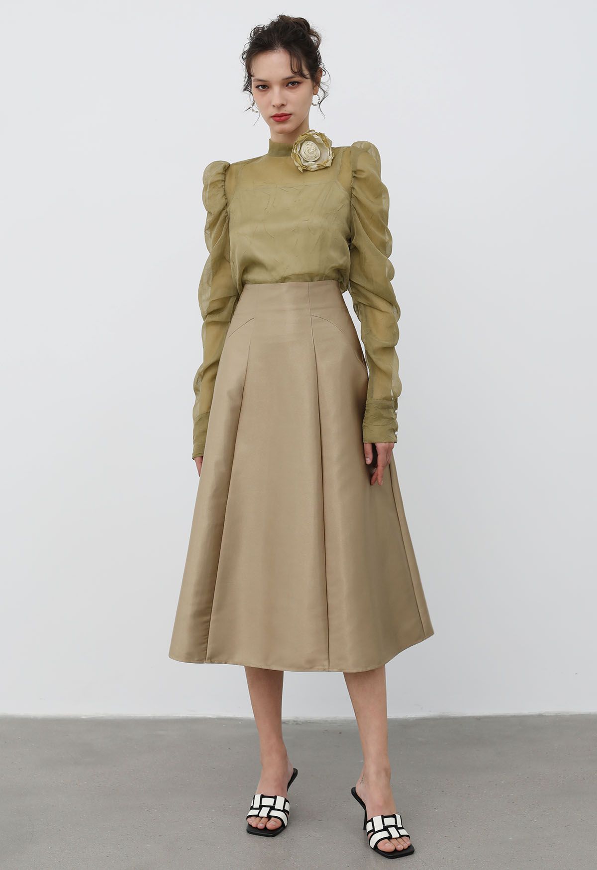 Glossy A-Line Midi Skirt in Khaki