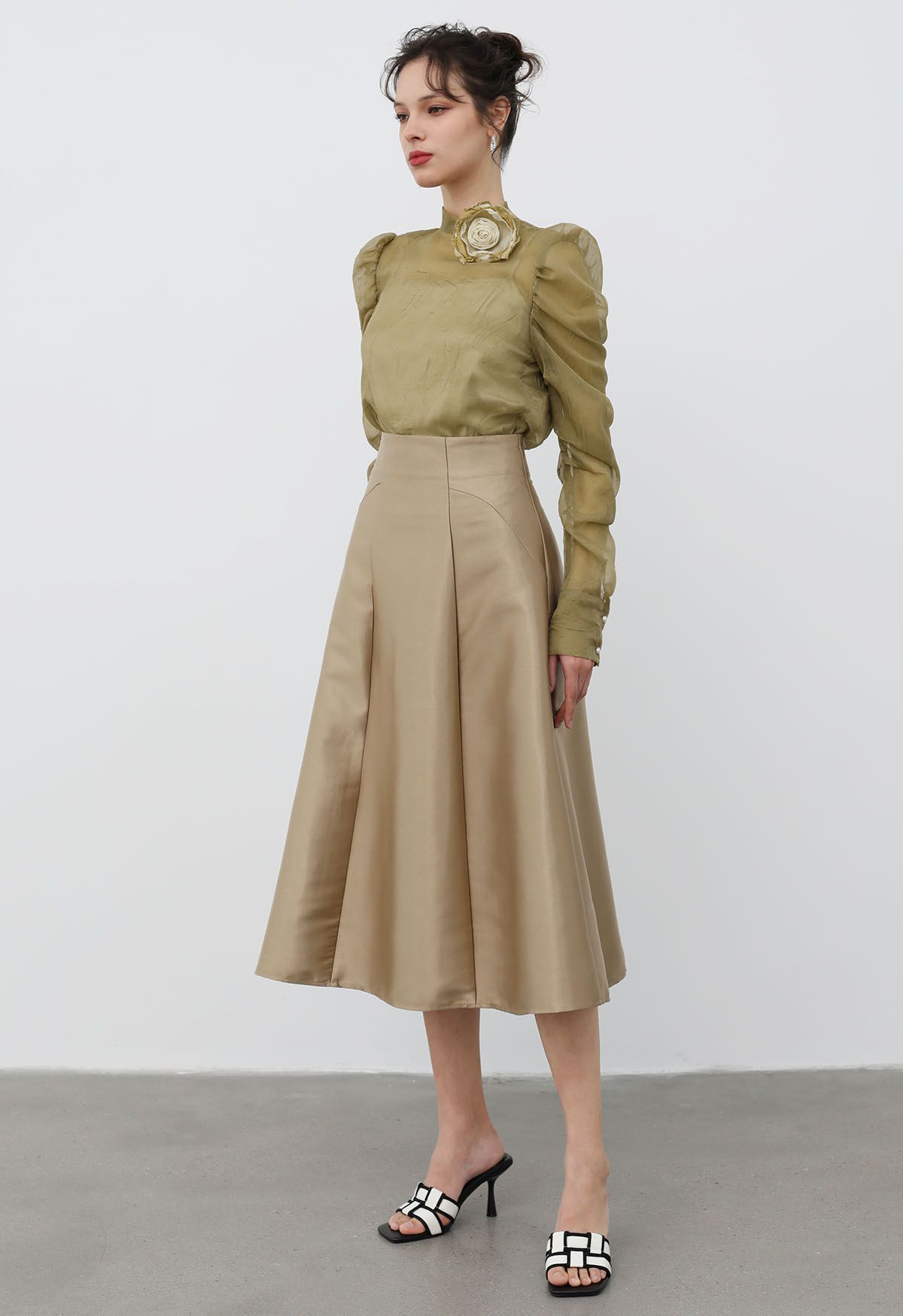 Glossy A-Line Midi Skirt in Khaki