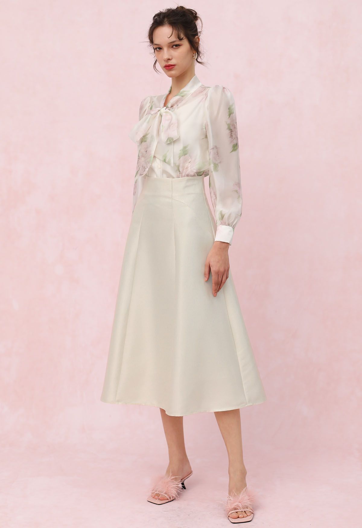 Glossy A-Line Midi Skirt in Cream
