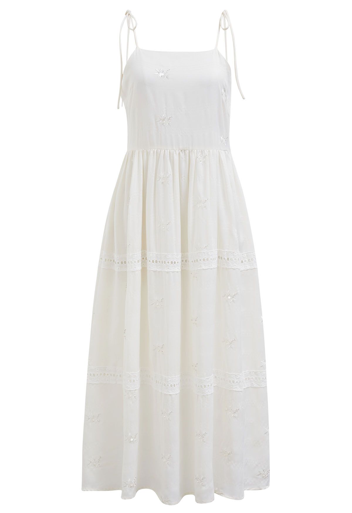 Sequined Embroidery Tie-Shoulder Cami Dress in Ivory