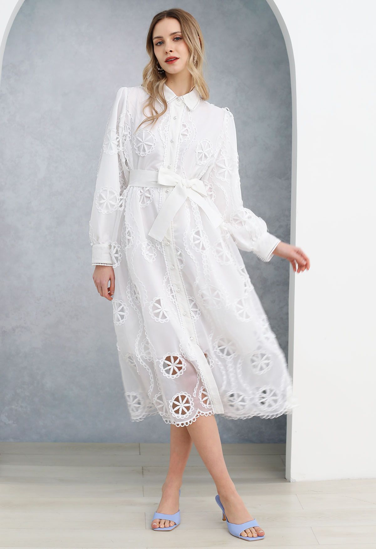 Cutwork Crochet Button Down Midi Dress in White
