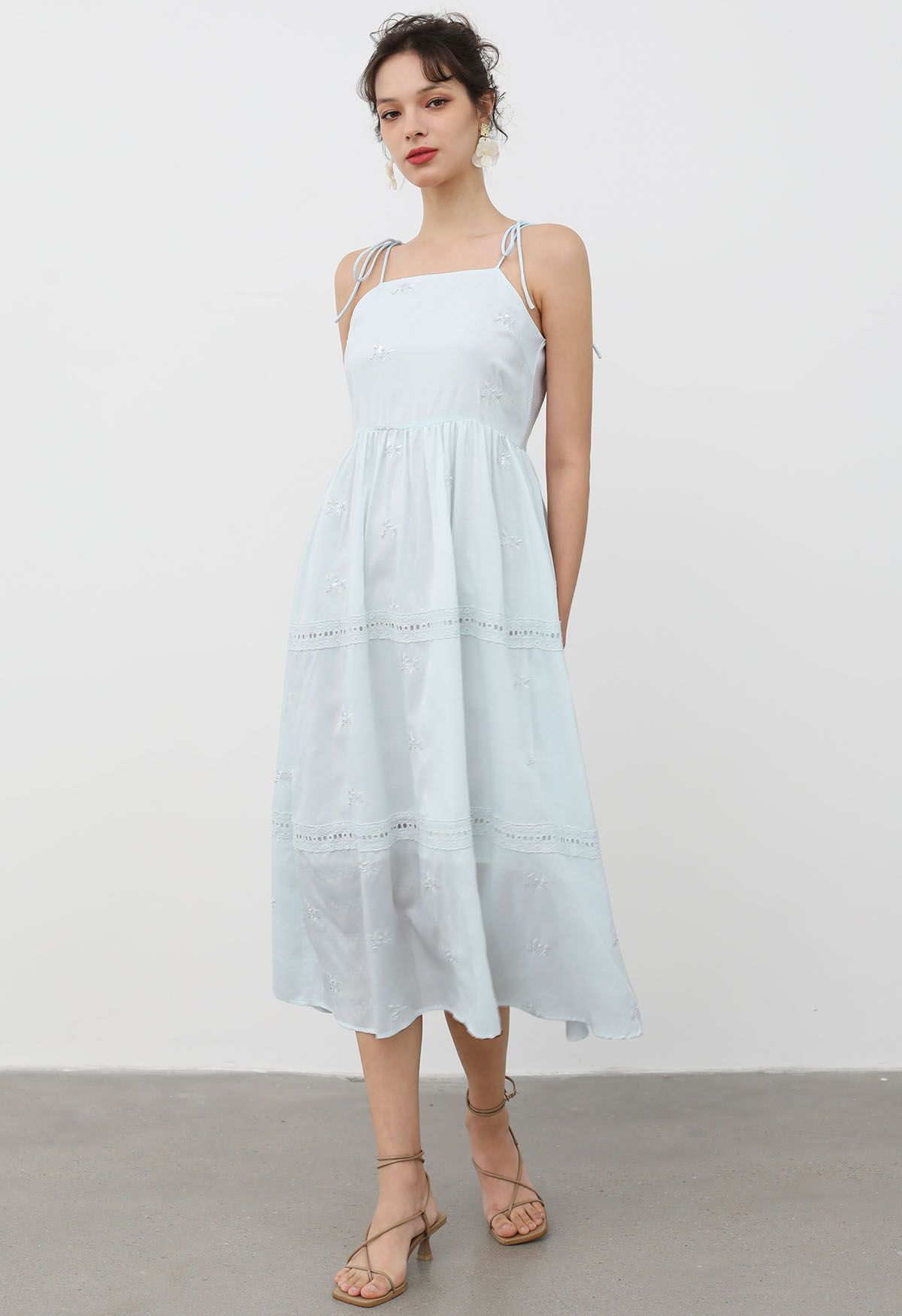 Sequined Embroidery Tie-Shoulder Cami Dress in Baby Blue