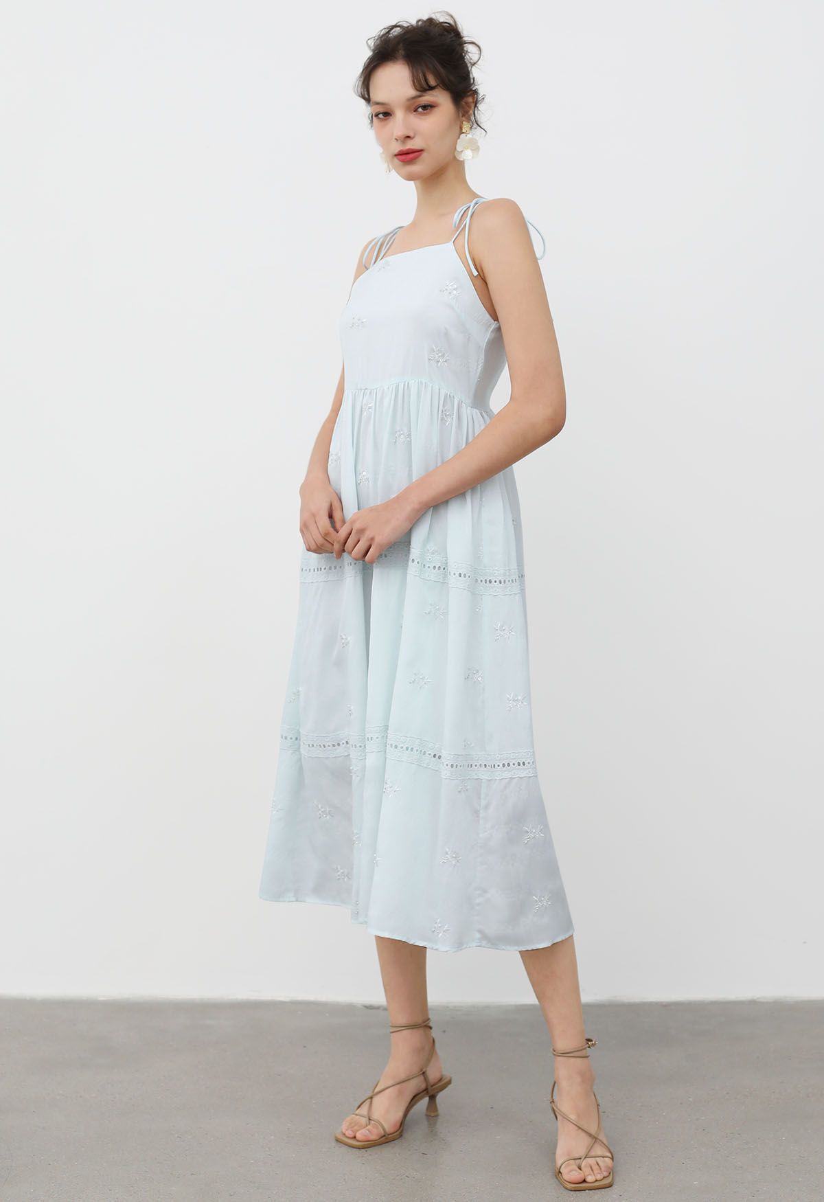 Sequined Embroidery Tie-Shoulder Cami Dress in Baby Blue