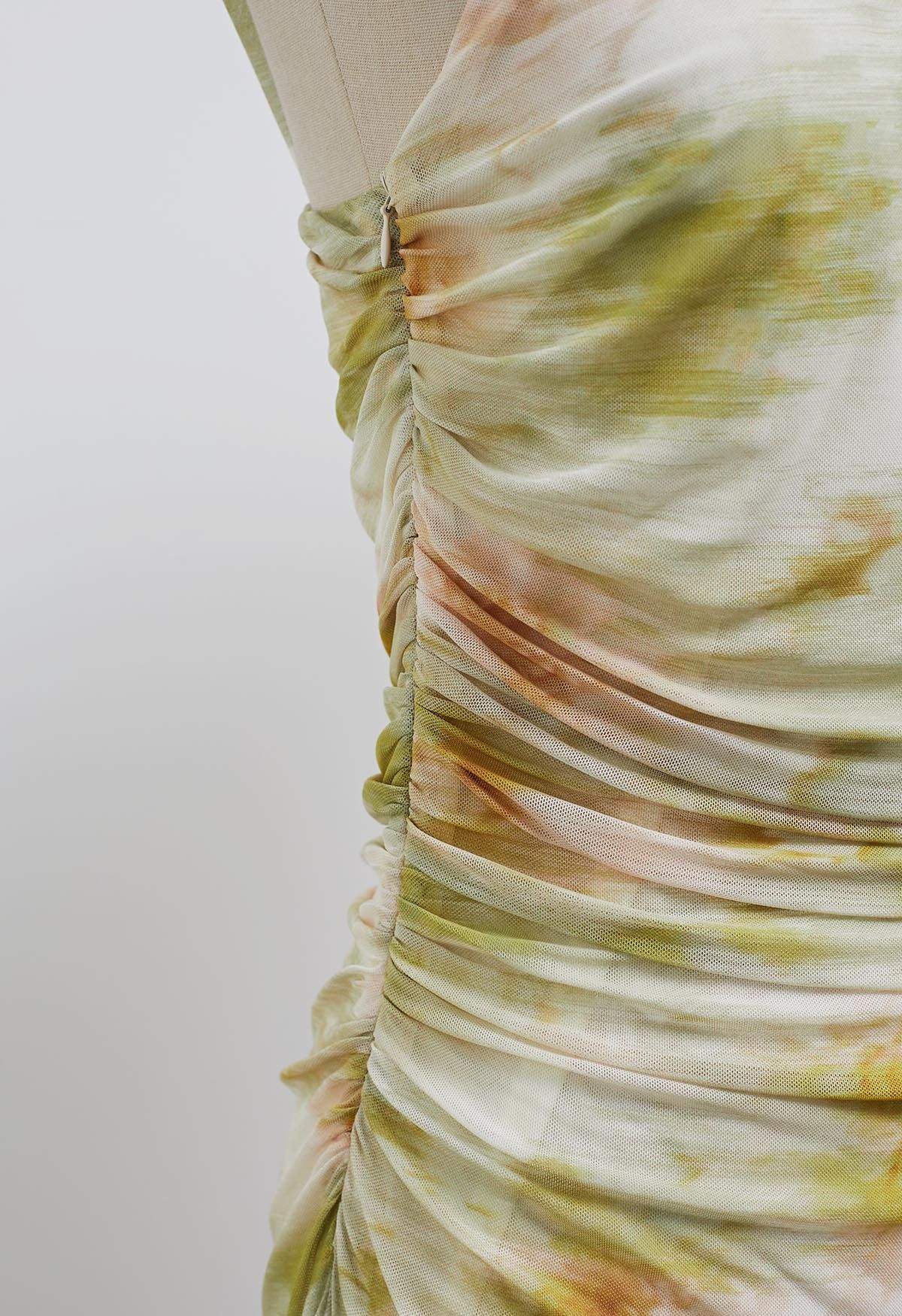 Watercolor Ruched Mesh Wide Strap Midi Dress in Pistachio