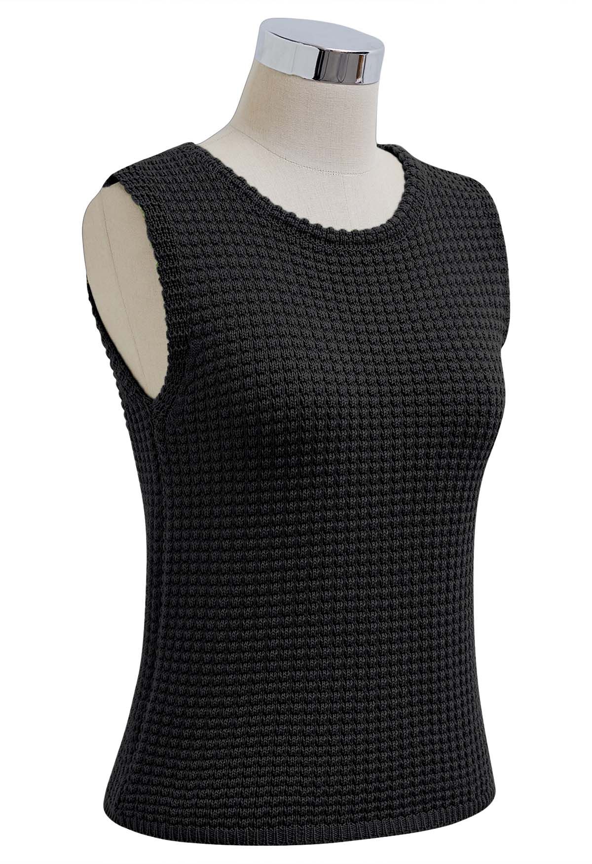 Solid Color Openwork Knit Sleeveless Top in Black
