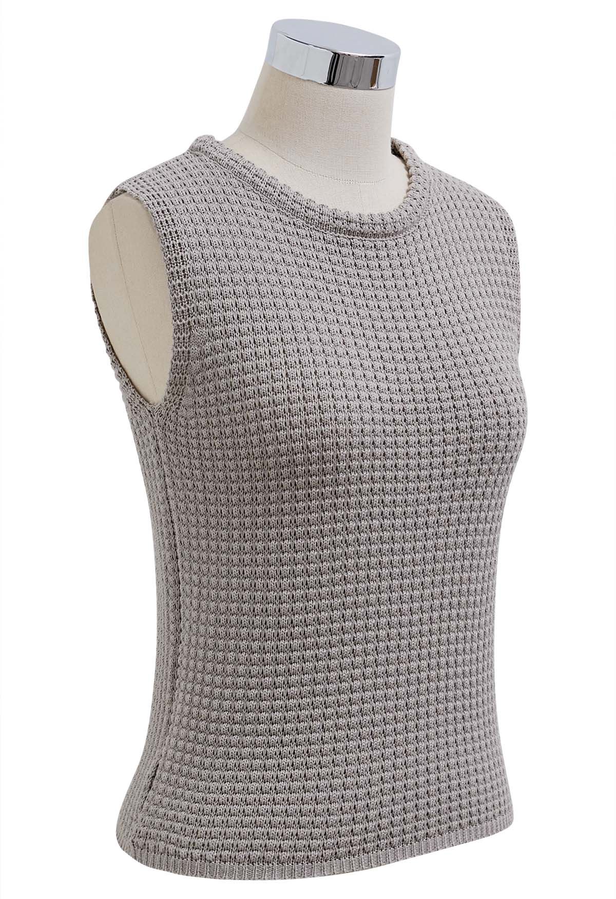 Solid Color Openwork Knit Sleeveless Top in Taupe