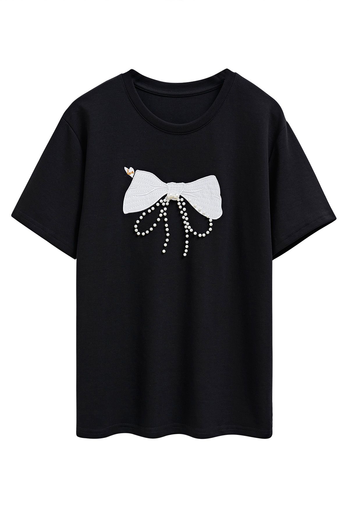 Bowknot Pattern Pearl Embellished T-Shirt in Black