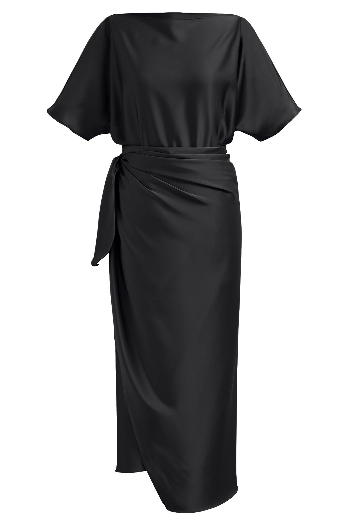 Satin Short-Sleeve Wrapped Waist Maxi Dress in Black