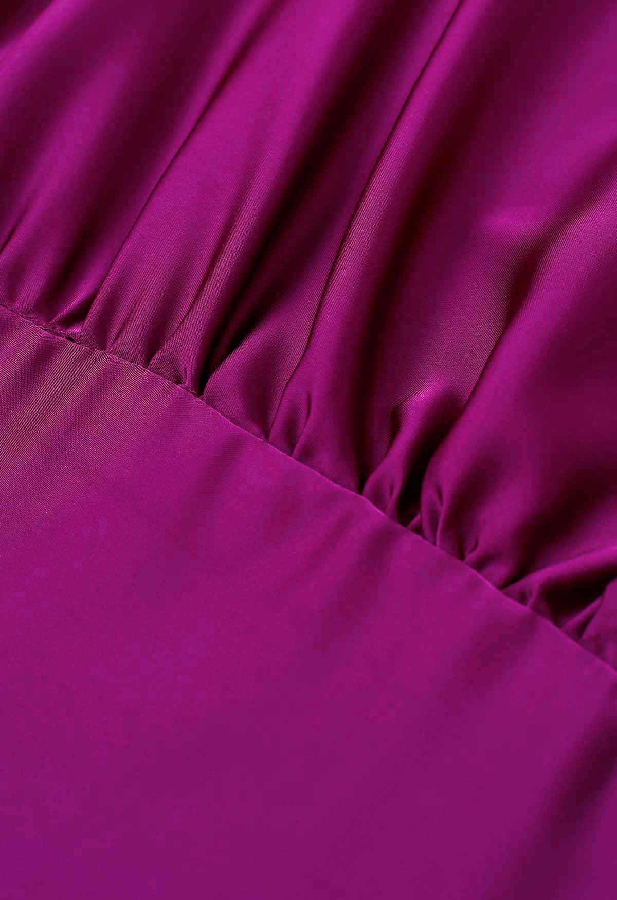Satin Short-Sleeve Wrapped Waist Maxi Dress in Magenta