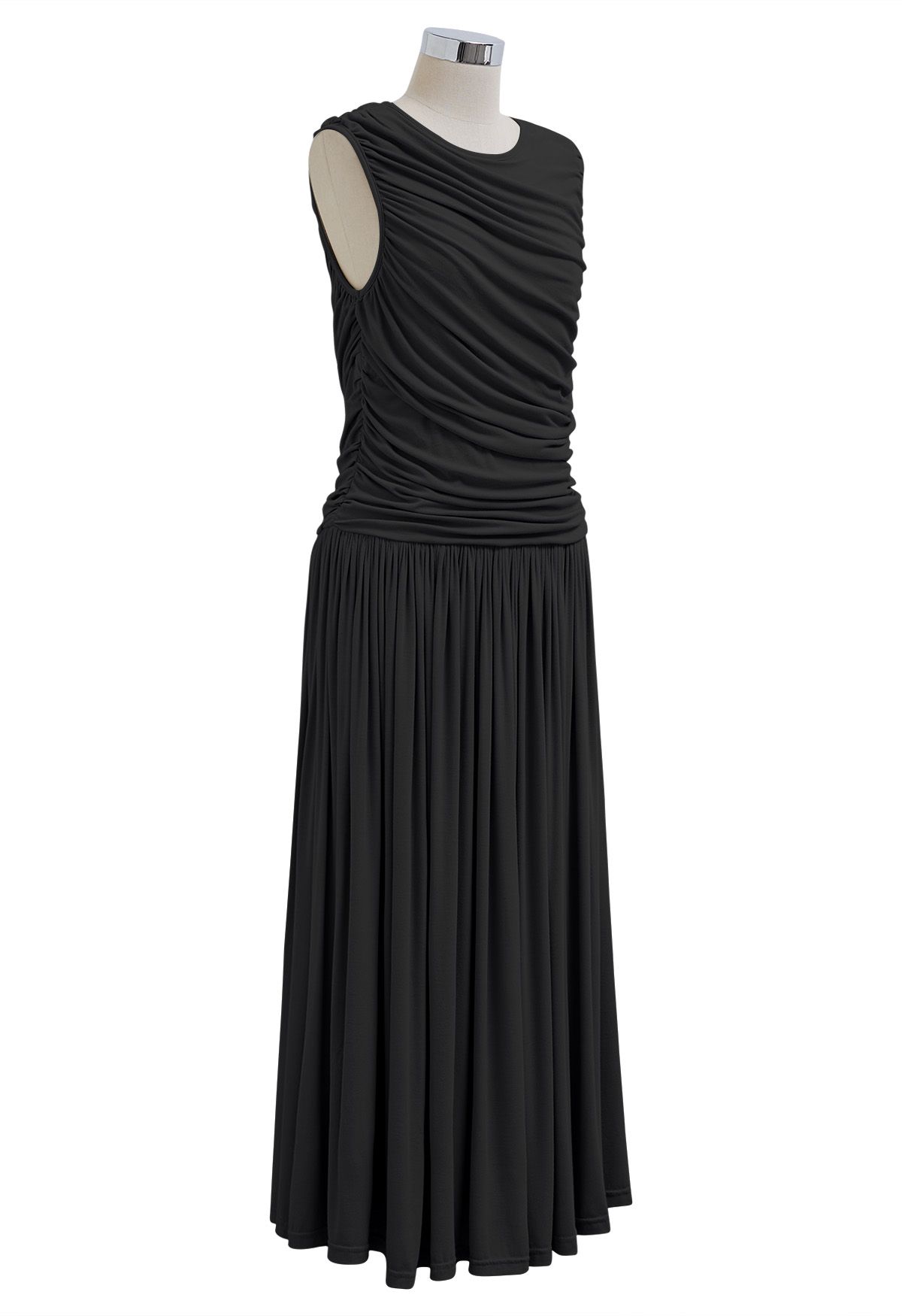 Effortless Ruched Sleeveless Cotton Dress in Black