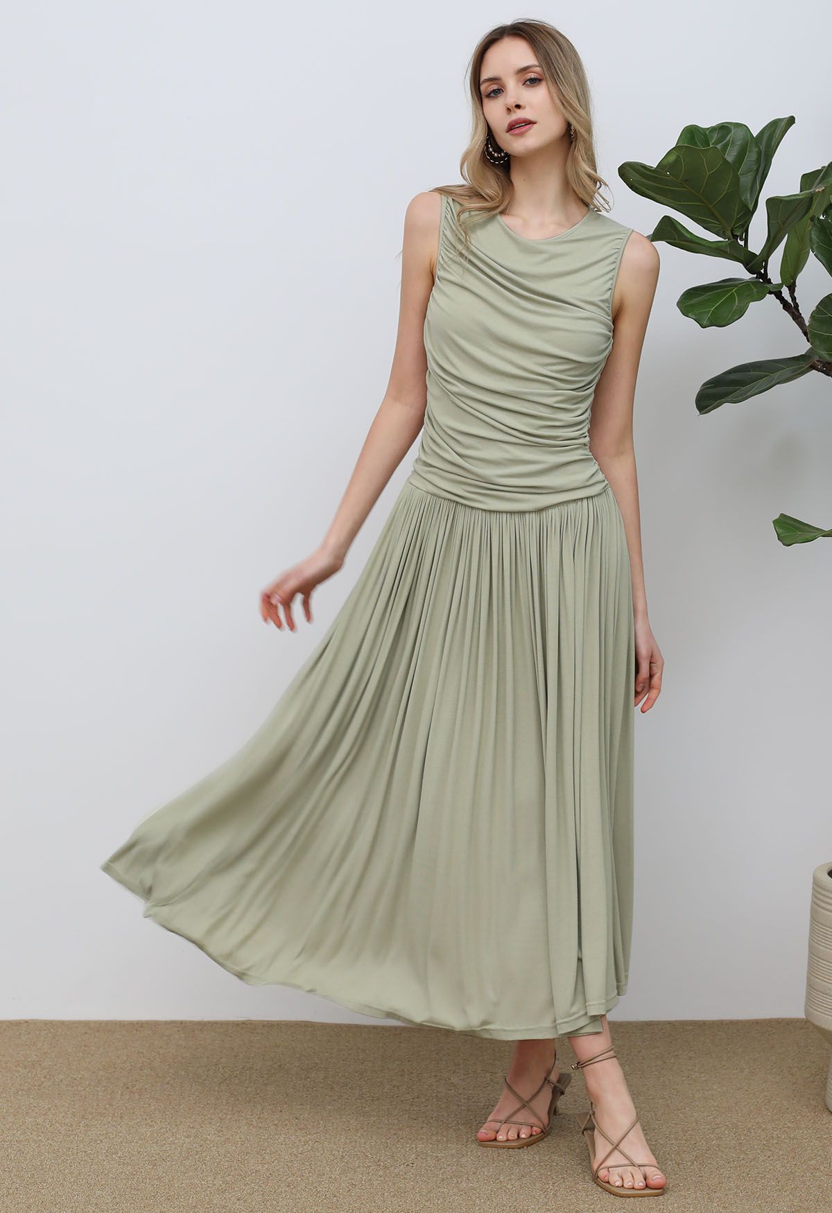 Effortless Ruched Sleeveless Cotton Dress in Pea Green