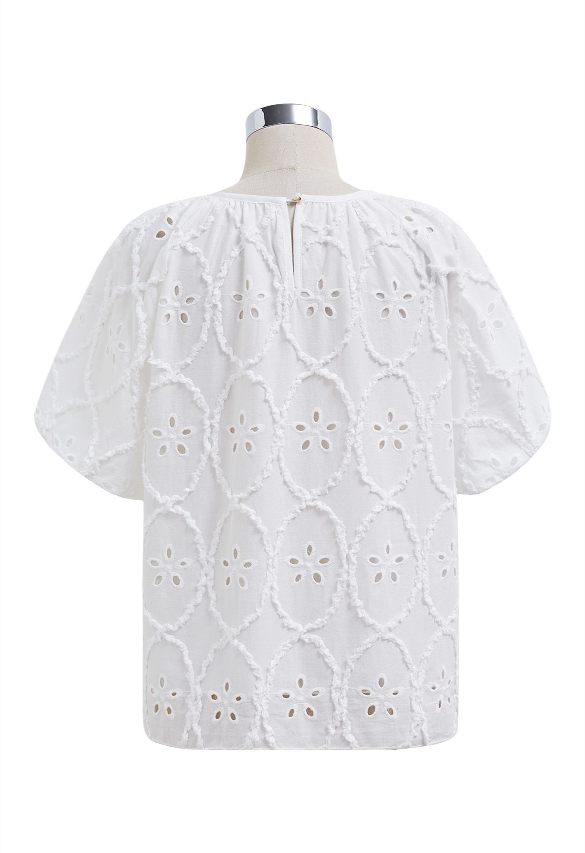 Floral Eyelet Embroidery Bubble Sleeves Top in White