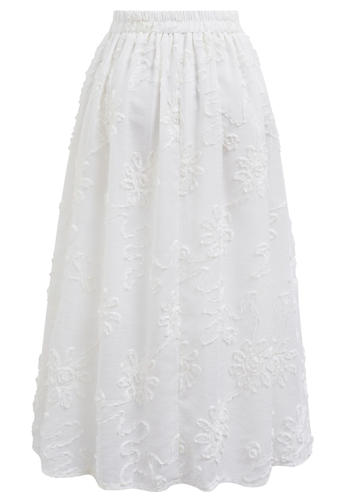 Floral and Stem Jacquard Pleated Midi Skirt in White