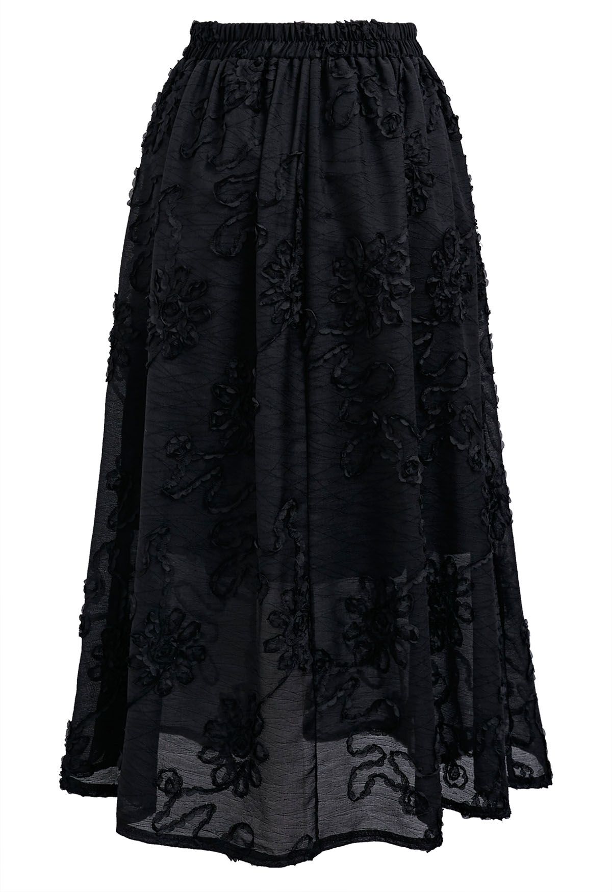 Floral and Stem Jacquard Pleated Midi Skirt in Black