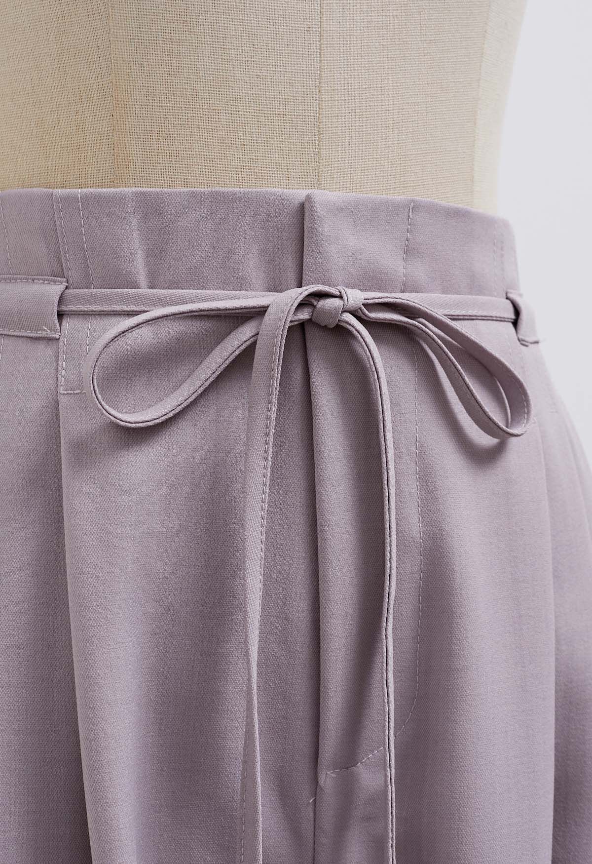 Self-Tie String Pleat Wide-Leg Pants in Lilac