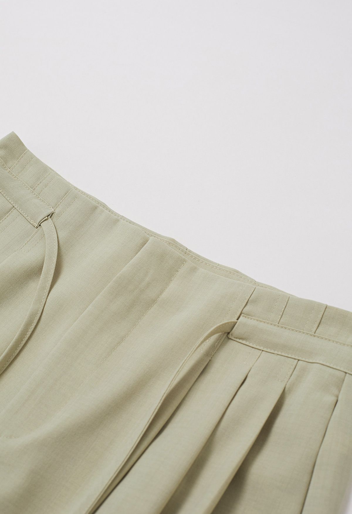 Self-Tie String Pleat Wide-Leg Pants in Pea Green