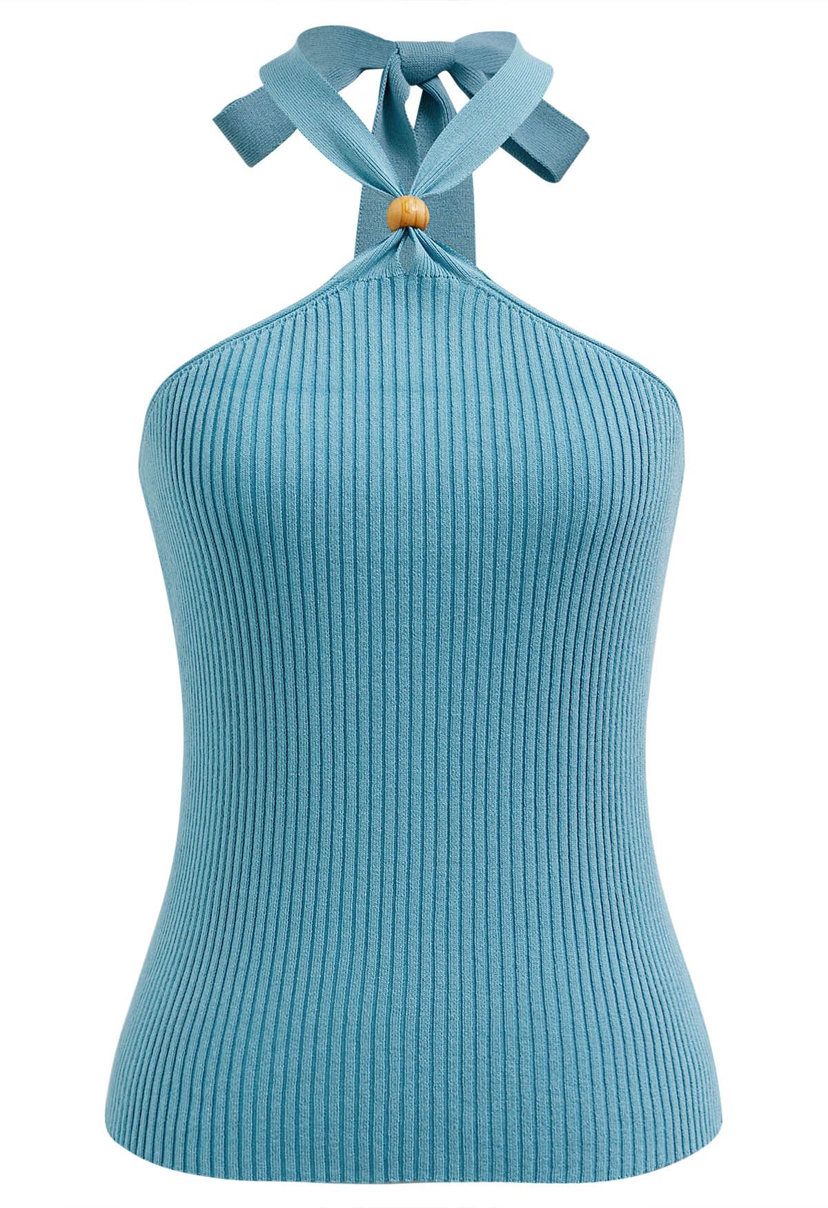 Wooden Bead Decor Halter Knit Top in Blue