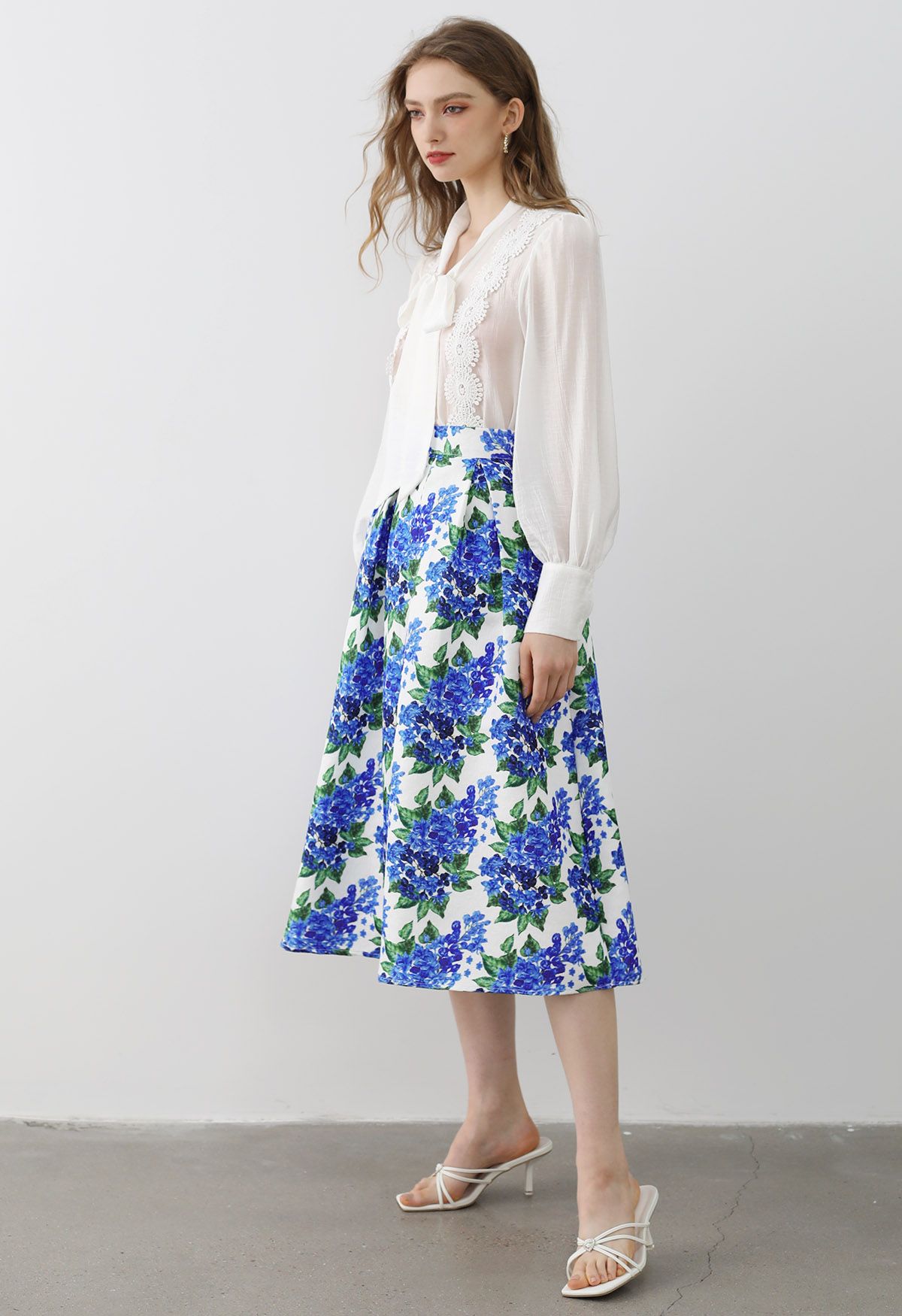 Blue Floral Romance Pleated Midi Skirt