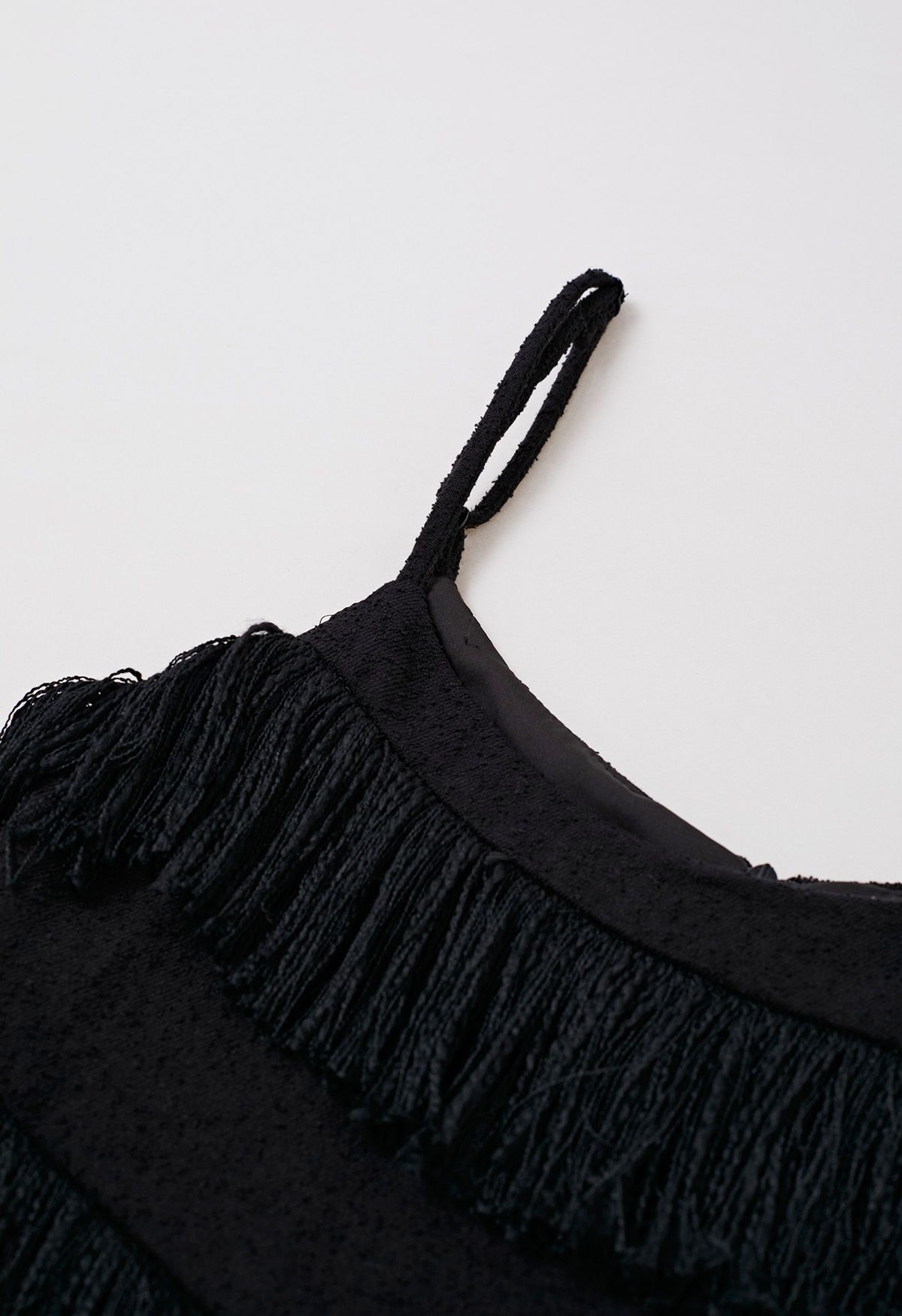 Playful Fringe Textured Cami Dress in Black