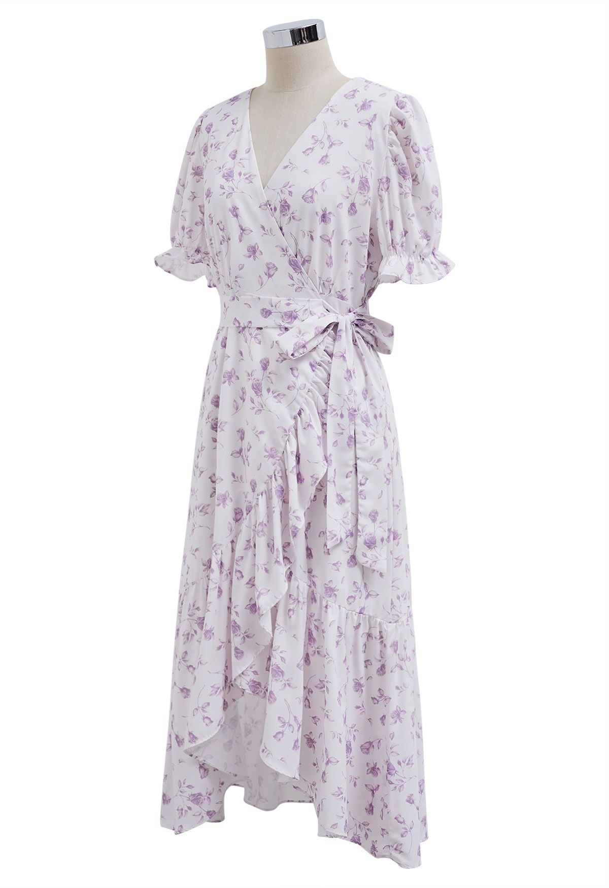 Watercolor Rose Print Wrap Midi Dress in Lilac