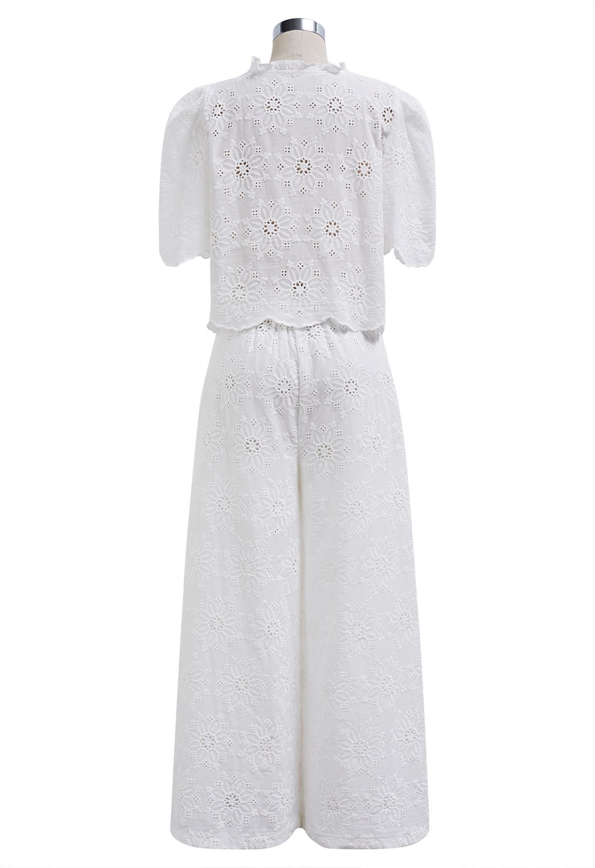 Sunflower Eyelet Embroidered Puff Sleeve Top and Pants Set in White