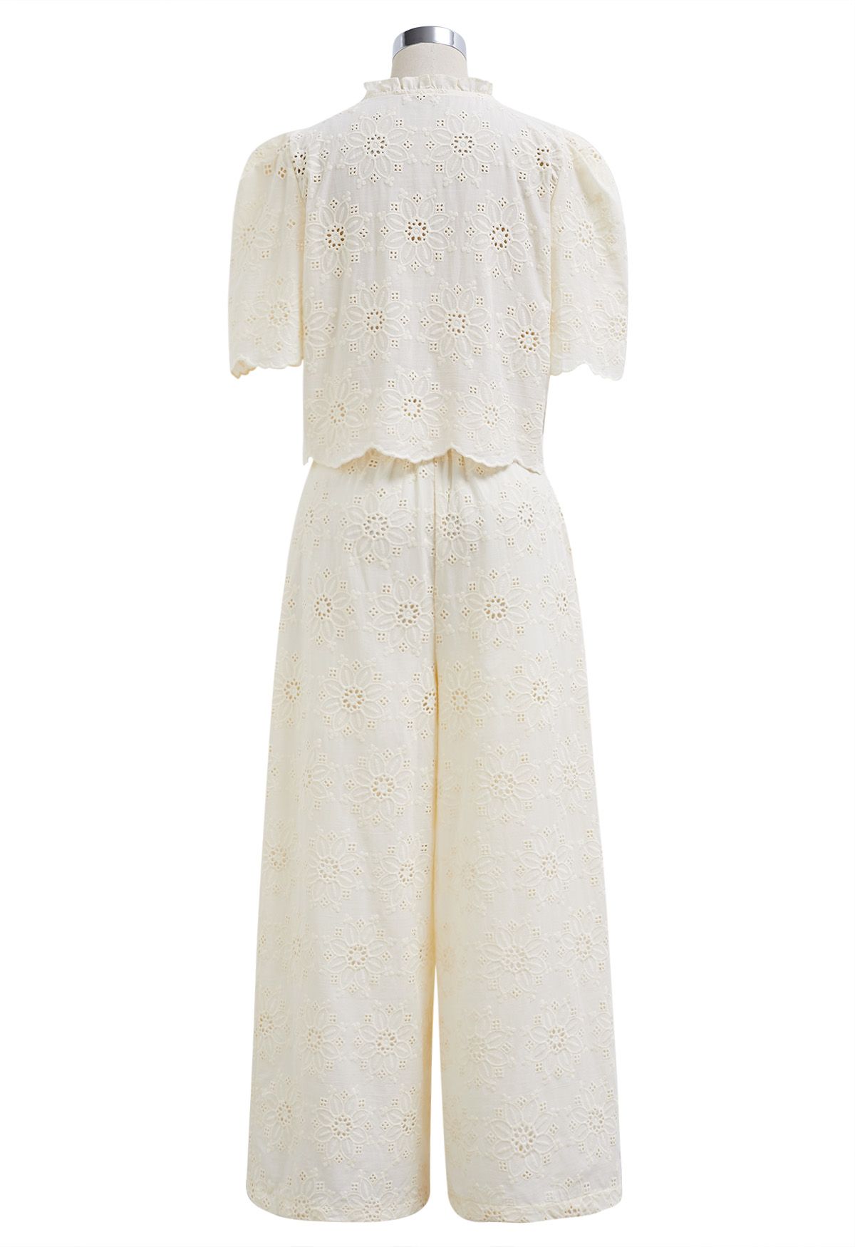 Sunflower Eyelet Embroidered Puff Sleeve Top and Pants Set in Cream