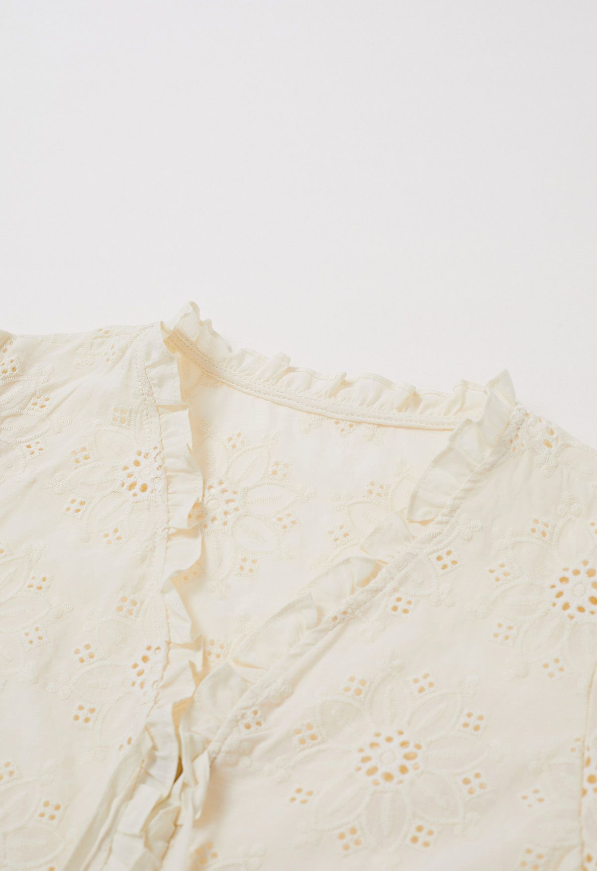 Sunflower Eyelet Embroidered Puff Sleeve Top and Pants Set in Cream