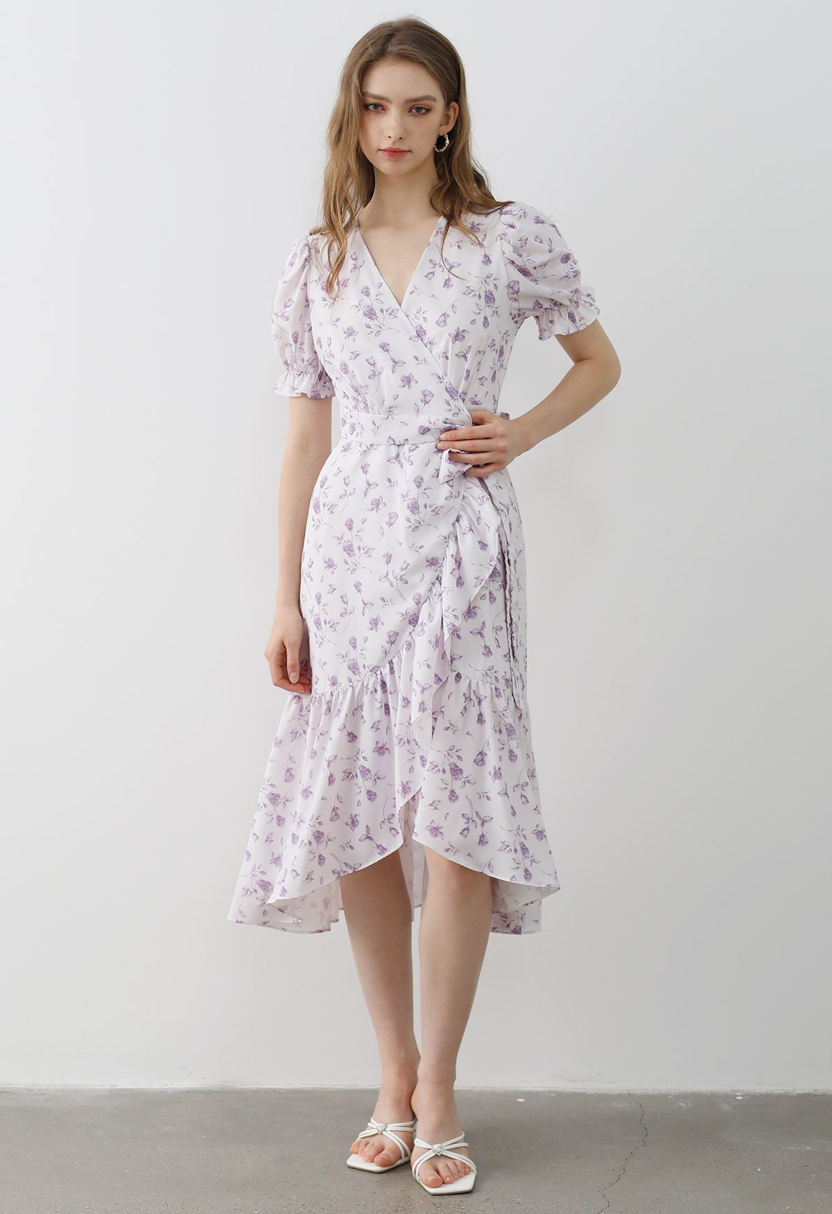 Watercolor Rose Print Wrap Midi Dress in Lilac