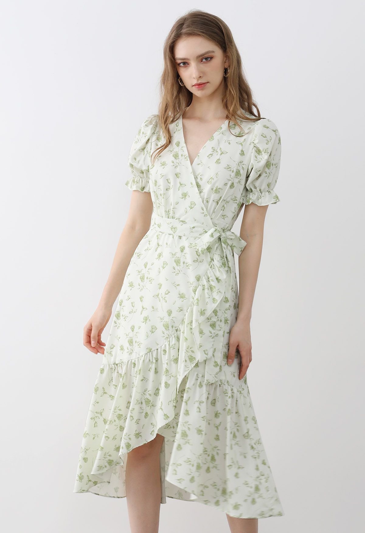 Watercolor Rose Print Wrap Midi Dress in Pistachio