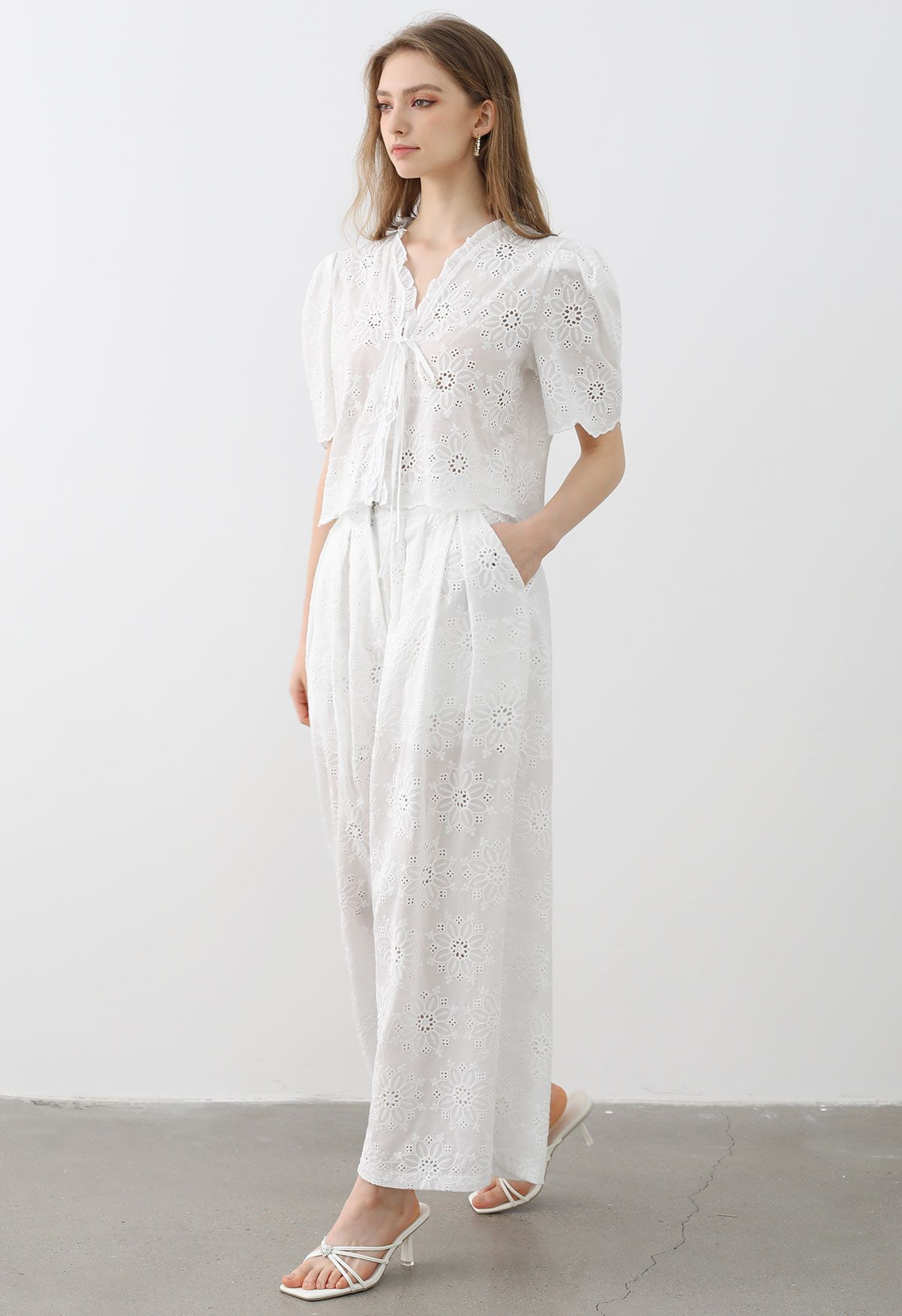 Sunflower Eyelet Embroidered Puff Sleeve Top and Pants Set in White