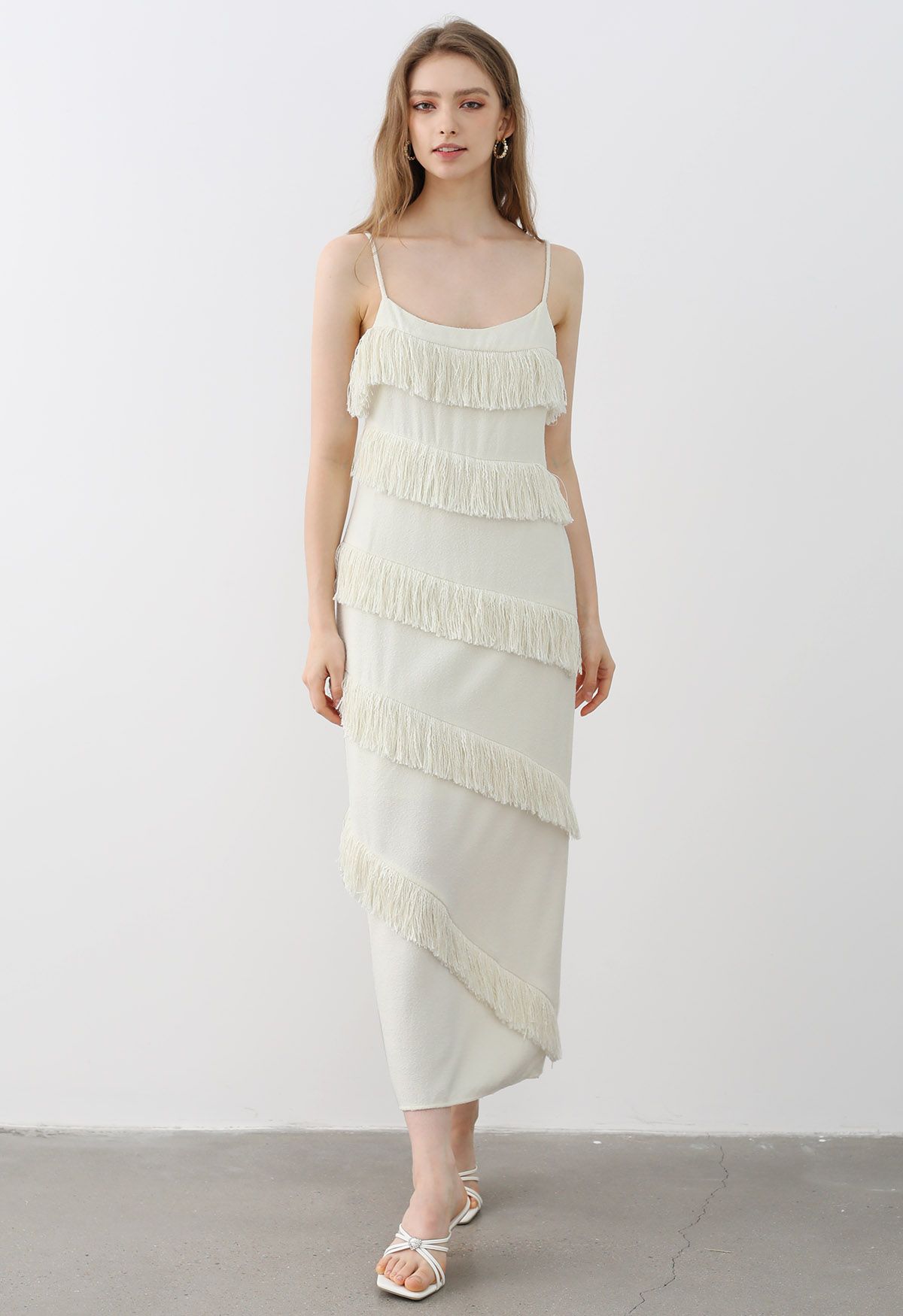 Playful Fringe Textured Cami Dress in Cream