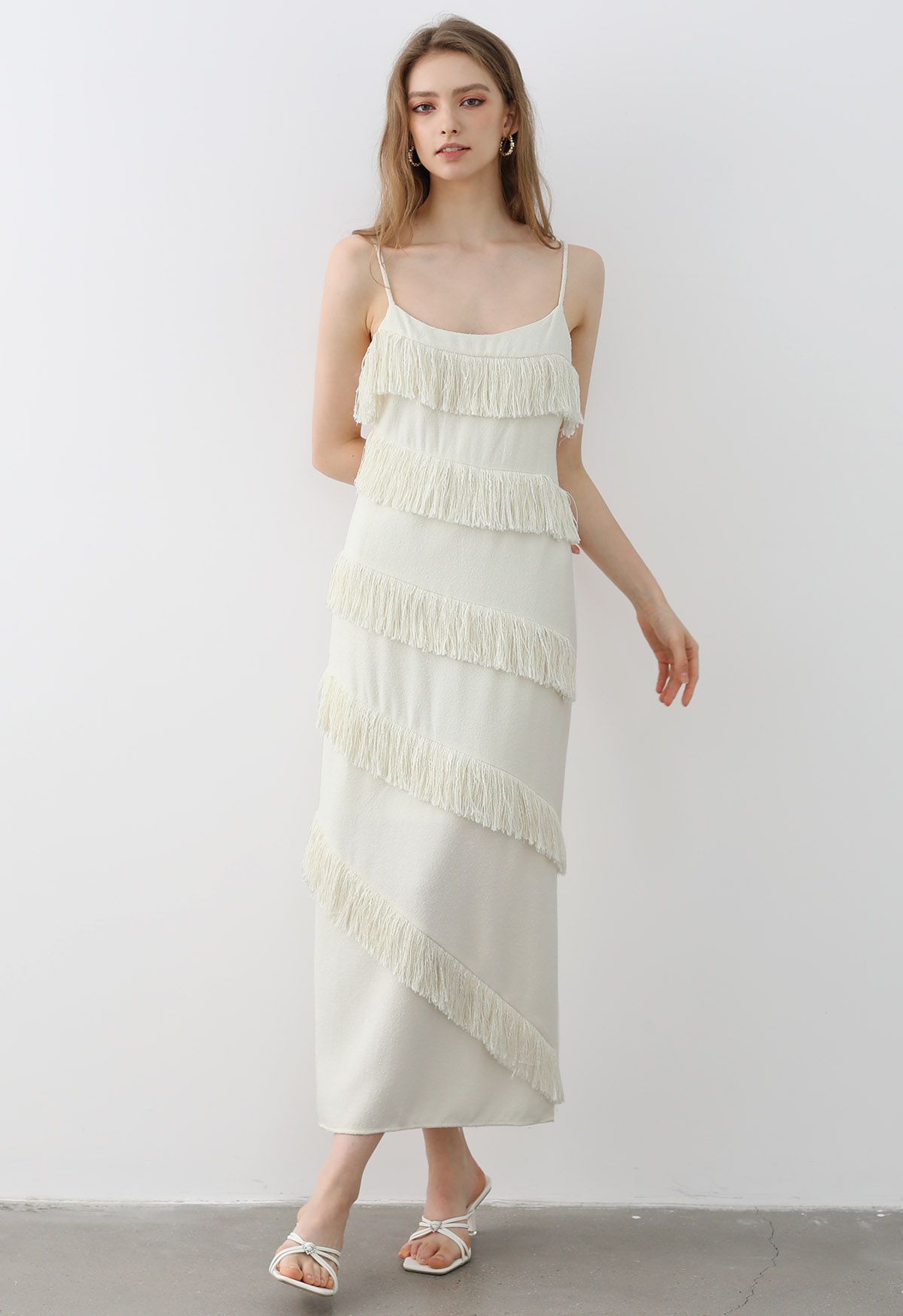 Playful Fringe Textured Cami Dress in Cream