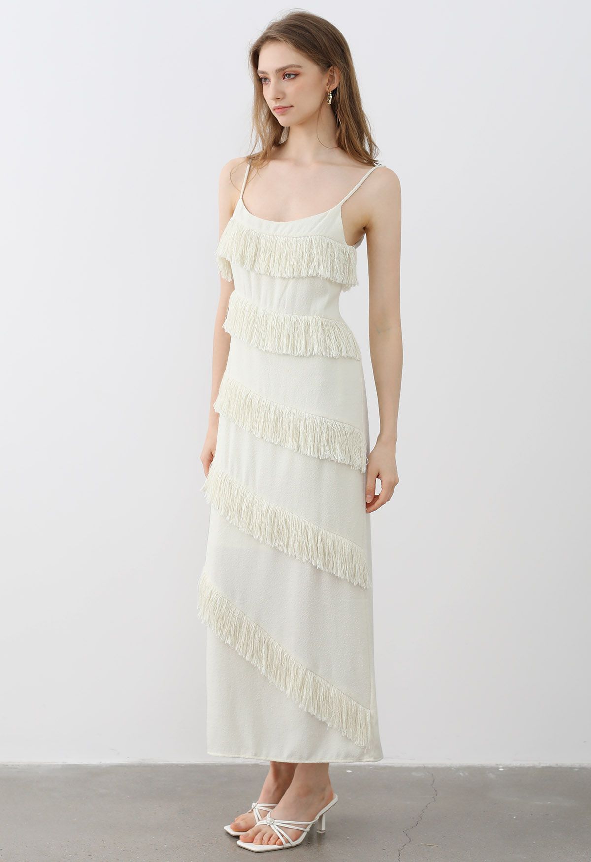 Playful Fringe Textured Cami Dress in Cream