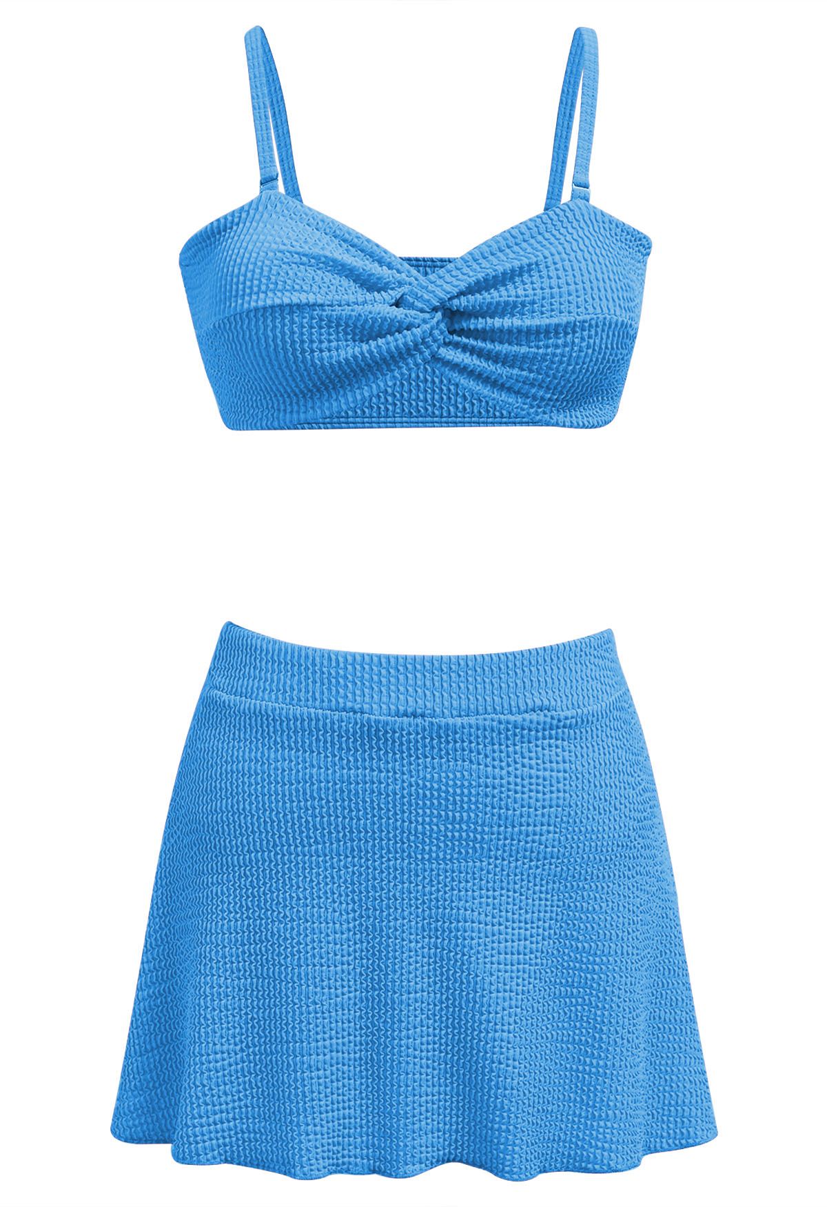 Three-Piece Wavy Texture Twist Bikini Set in Blue