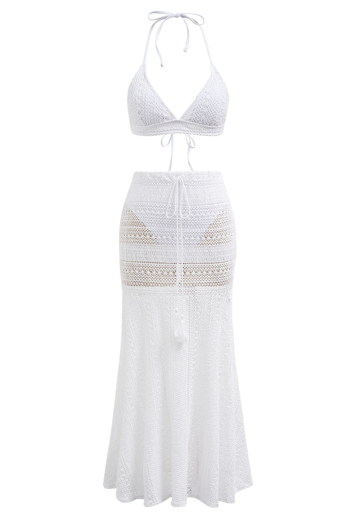 Basic Crochet Trim Tie-Neck Bikini Cover-Up Set