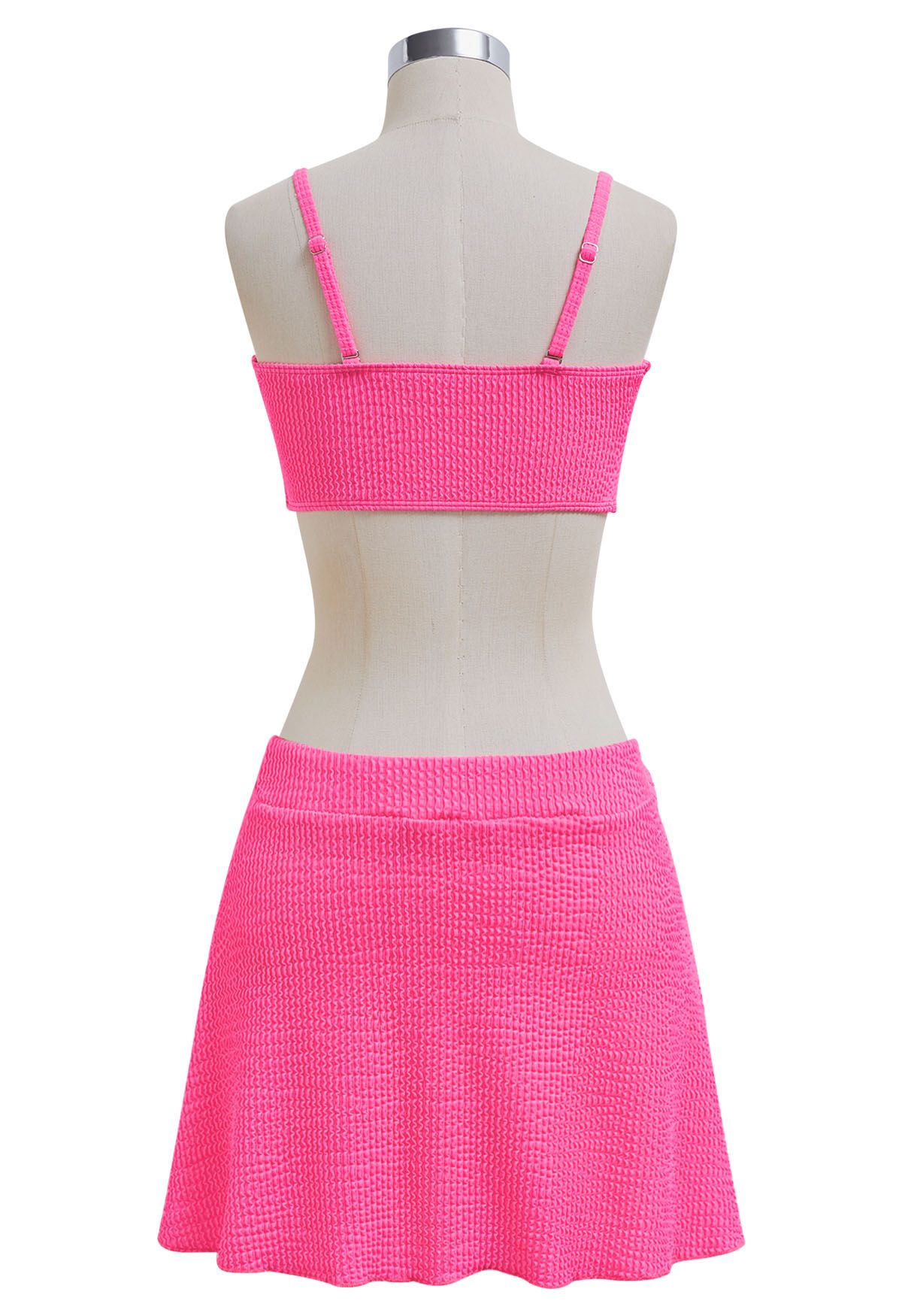 Three-Piece Wavy Texture Twist Bikini Set in Hot Pink