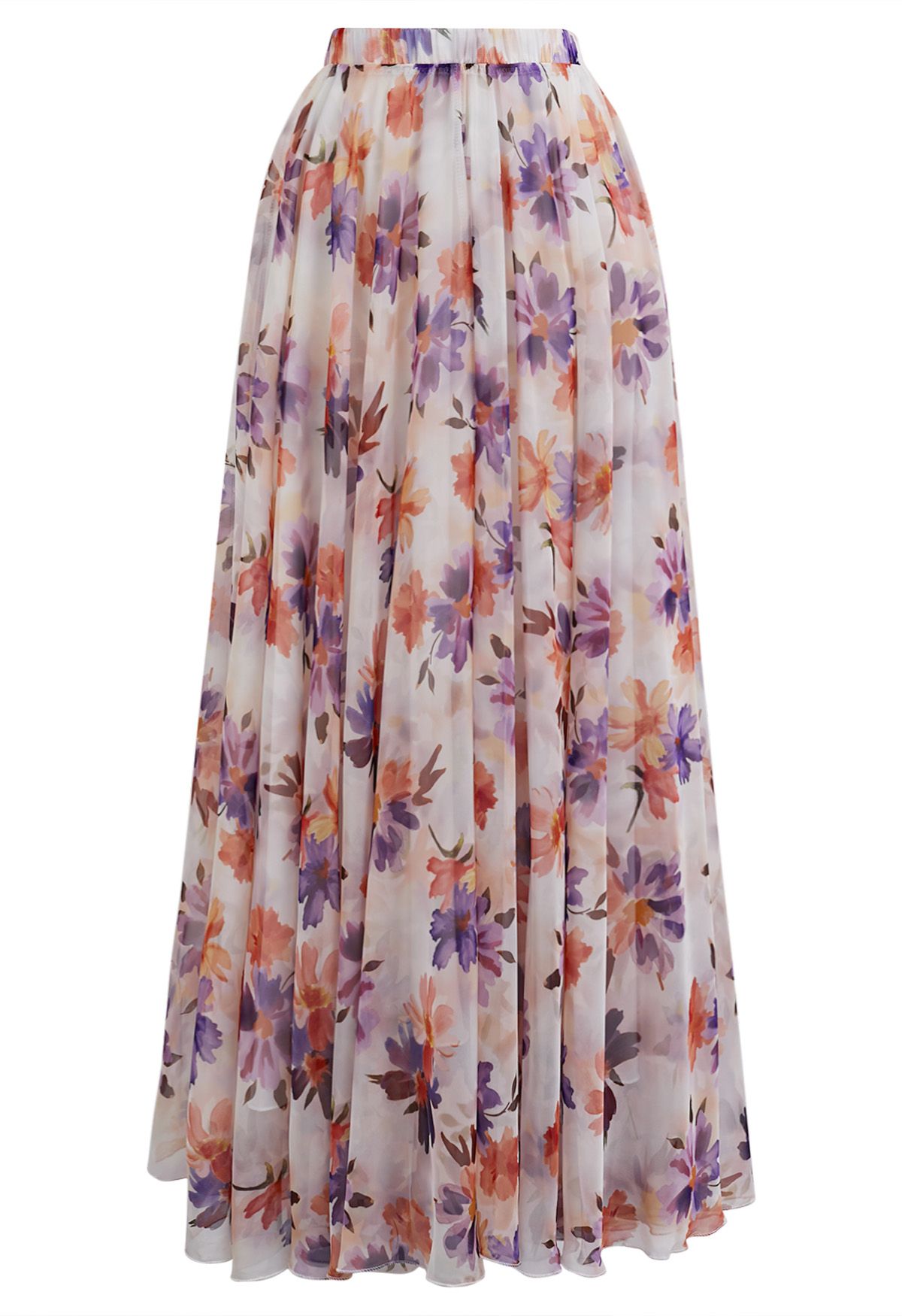 Sunlight Orange Floral Printed Chiffon Maxi Skirt