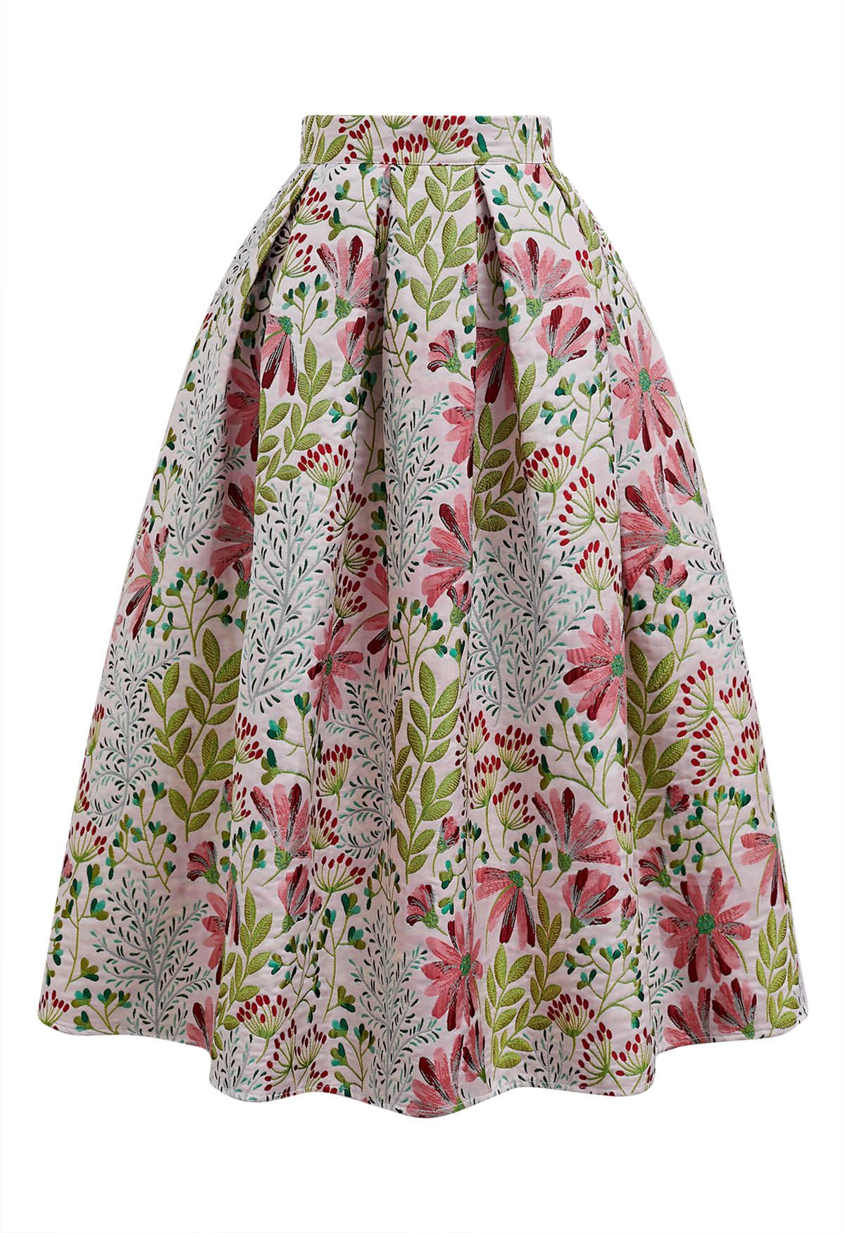 Cheerful Daisy Field Jacquard Pleated Midi Skirt