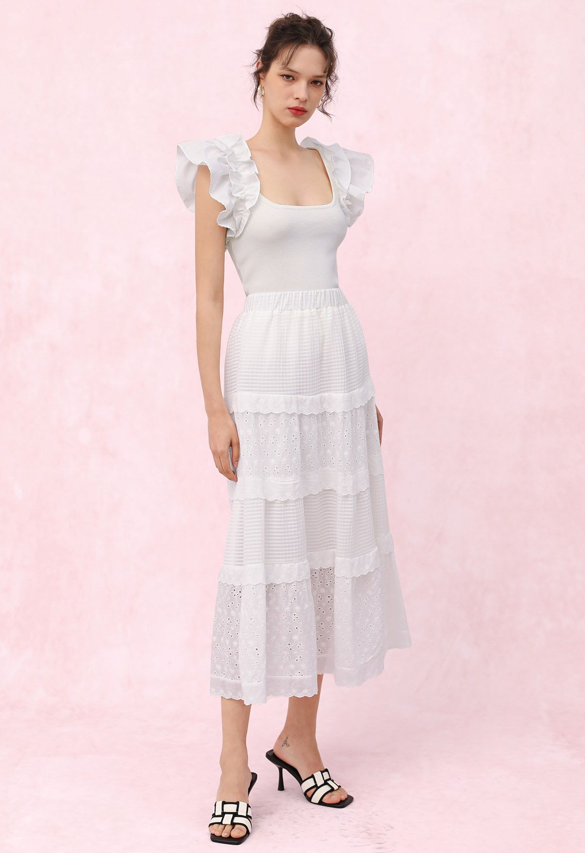 Eyelet Embroidery Ruffle Edge Cotton-Blend Skirt